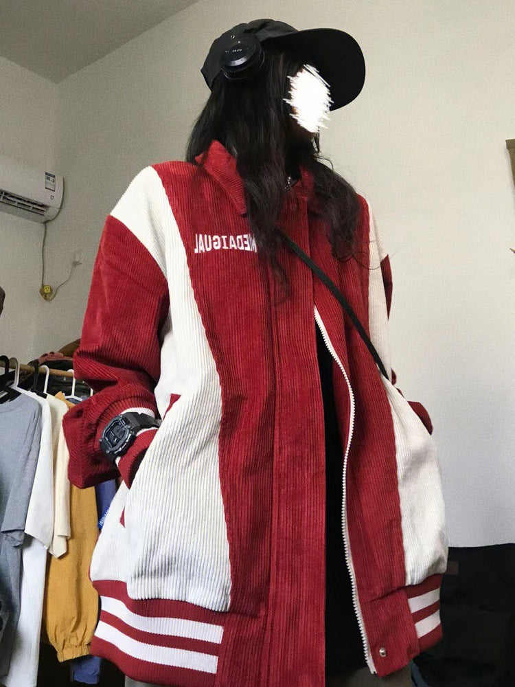 Retro Patchwork Coat Women's Corduroy Baseball Jacket