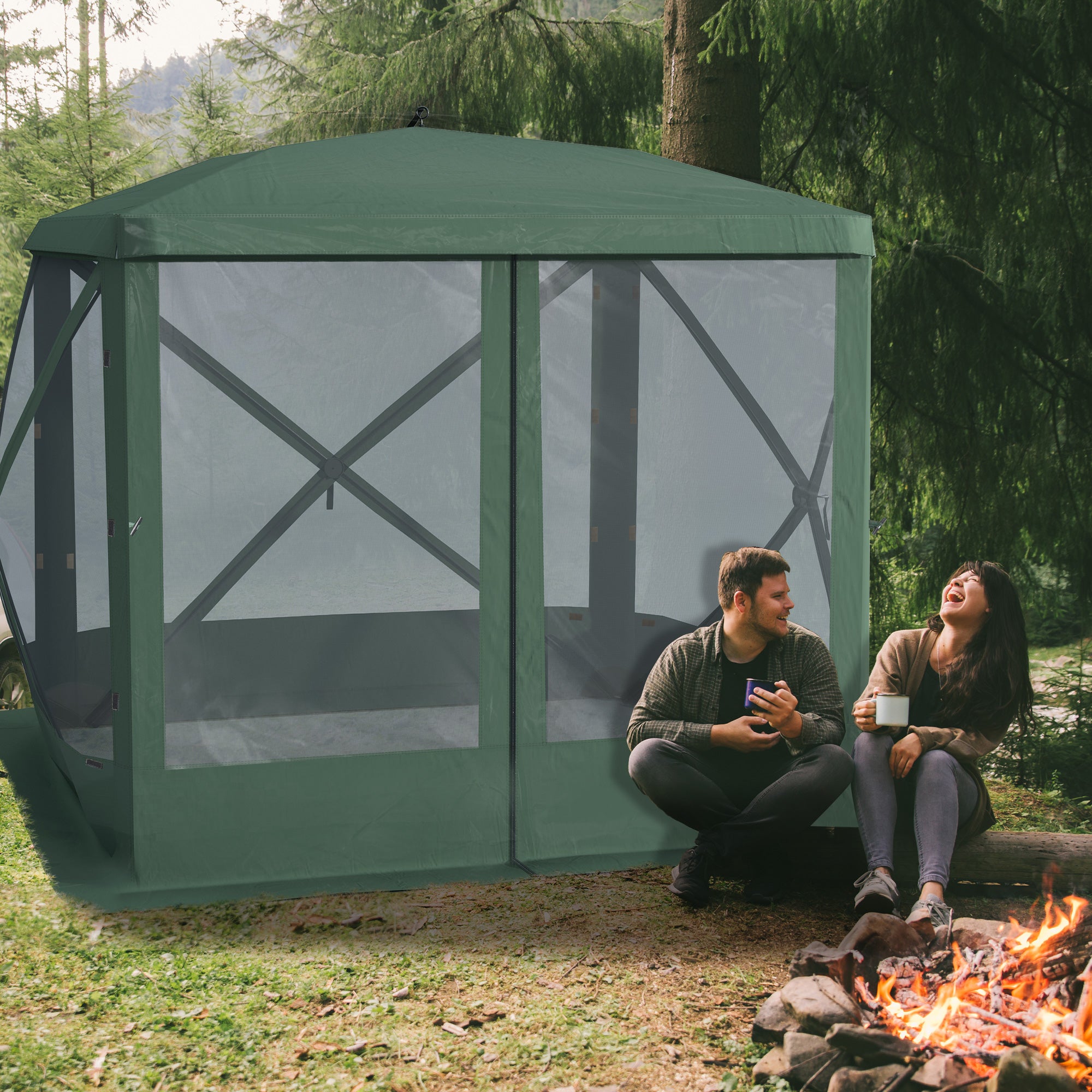 Pop Up Camping Canopy Gazebo Screen Shelter Tent with Single Person Easy Set-Up, Ventilating Mesh, Portable Carry Bag for Outdoor Camping Party Event, 7x7FT, Green