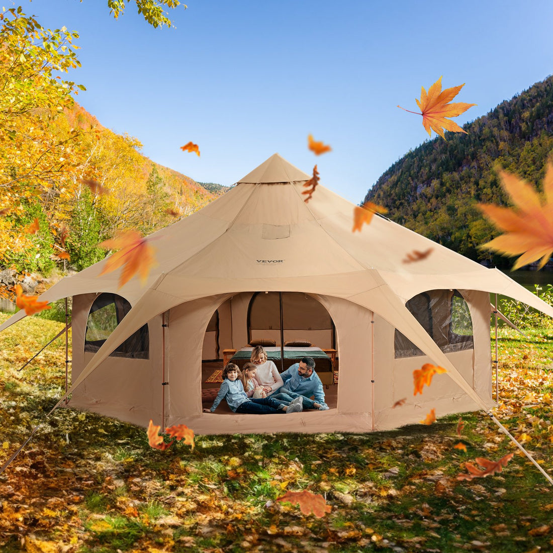 Canvas Tent, 4 Seasons 5 M/16.4 Ft Bell Tent, Canvas Tent For Camping With Stove Jack, Breathable Yurt Tent For Up To 8 People, Family Camping Outdoor Hunting Party