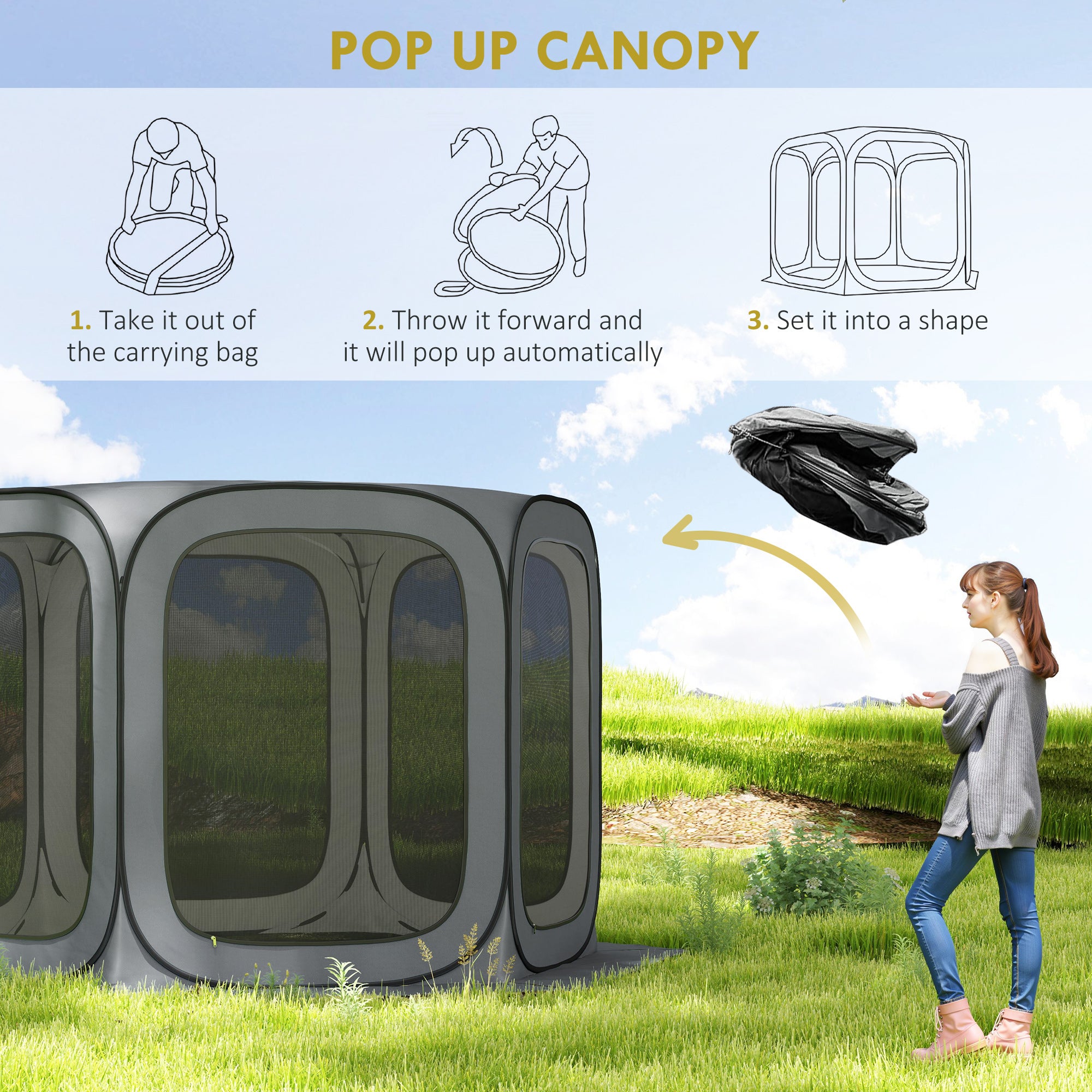 11 x 11ft Pop Up Screen Tent, UPF50+ Portable Camping Gazebo Screen House with Carry Bag, Dark Gray