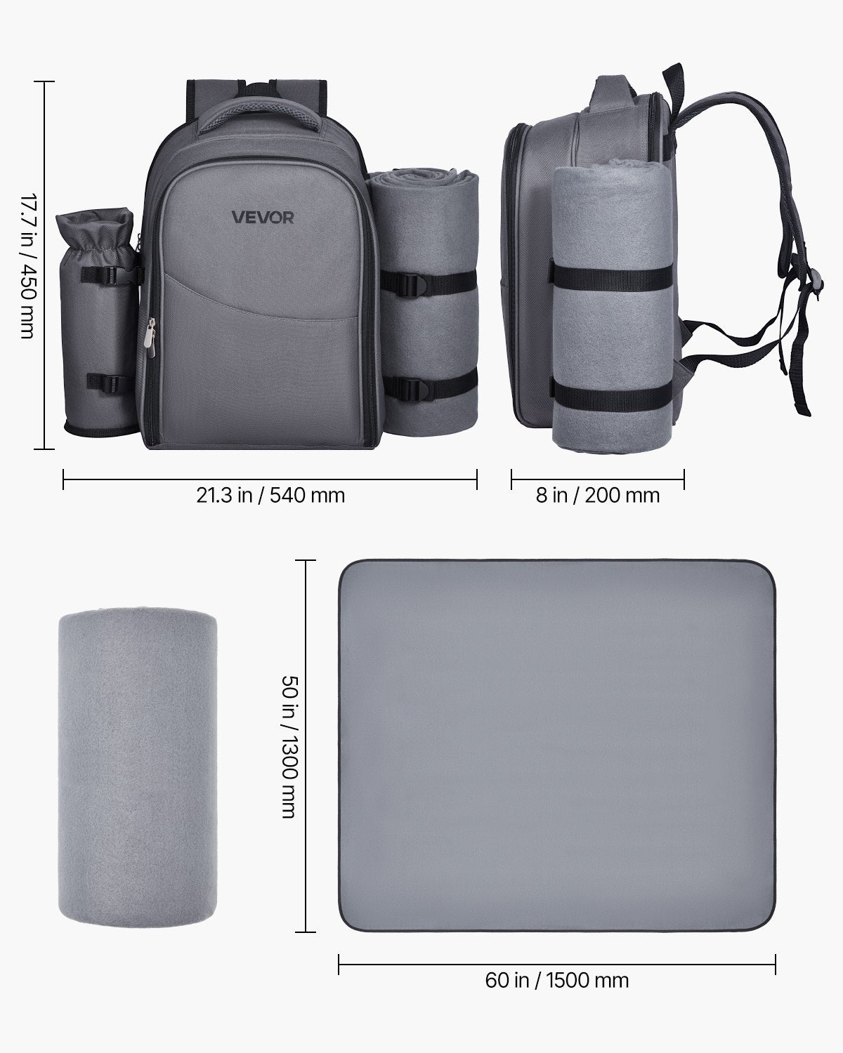 Beach Picnic Backpack Bag For 2 Person With Cooler Compartment Grey