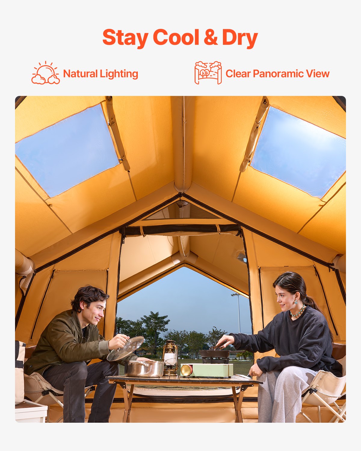 Inflatable Tents For Camping, 8-12 Person Easy Setup Blow Up Tent With Hand Pump, 4 Season Luxury Glamping Tent With 2 Skylights, Canopy, Stove Jack, 2 Doors & Mesh Windows, Include Storage Bag