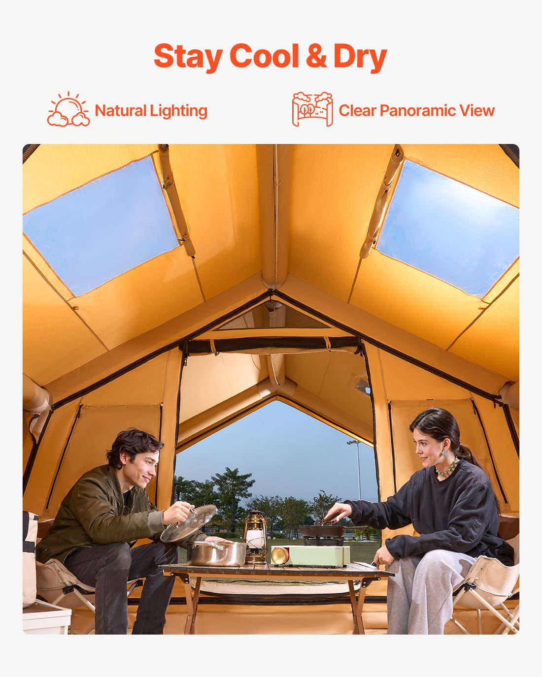 Inflatable Tents For Camping, 8-12 Person Easy Setup Blow Up Tent With Hand Pump, 4 Season Luxury Glamping Tent With 2 Skylights, Canopy, Stove Jack, 2 Doors & Mesh Windows, Include Storage Bag