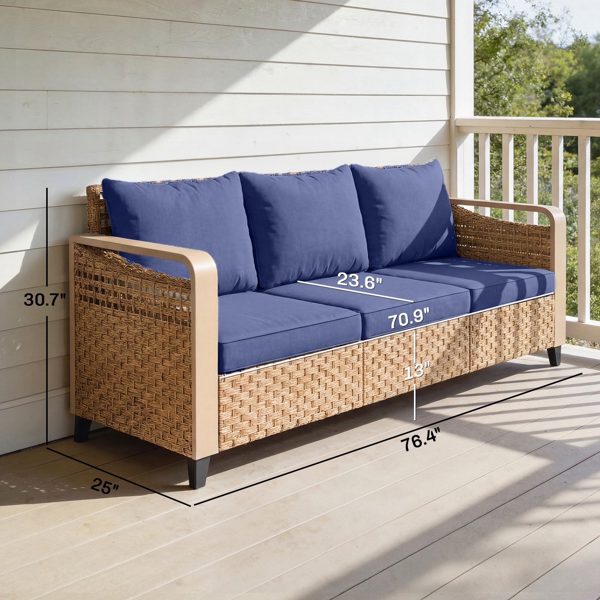 Rattan Wicker Sofa 3-Seater Outdoor Patio Sofa with Cushions for Garden Backyard Porch Dark Blue