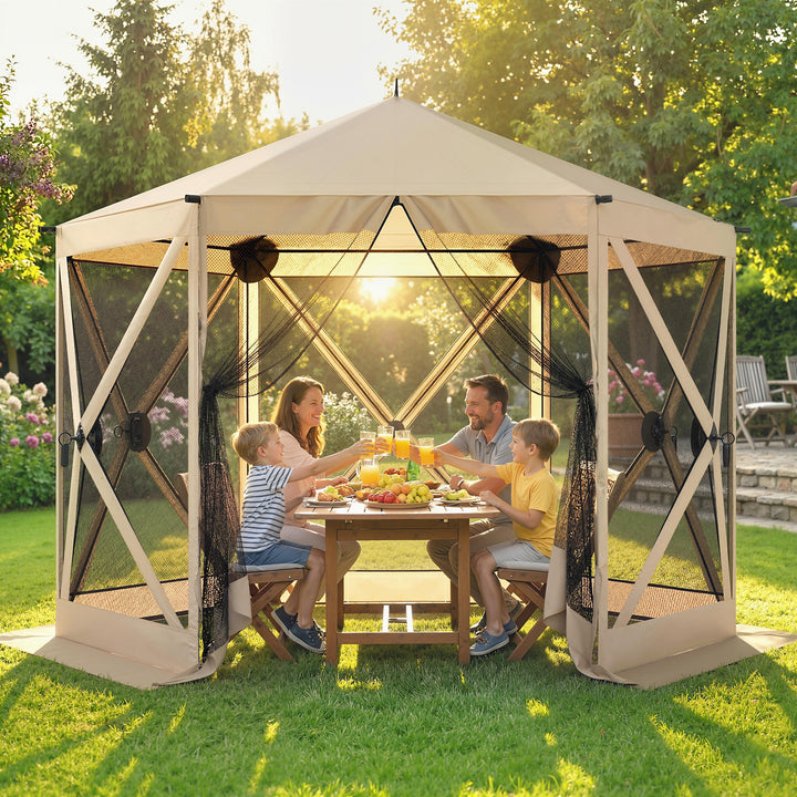 10 x 11 ft Pop Up Gazebo Screen Tent, Portable Instant Camping Canopy Screen House with Nettings, Carry Bag, Beige