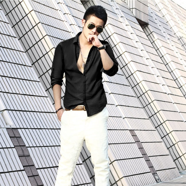 water wash linen cotton men's long sleeve shirt casual shirt