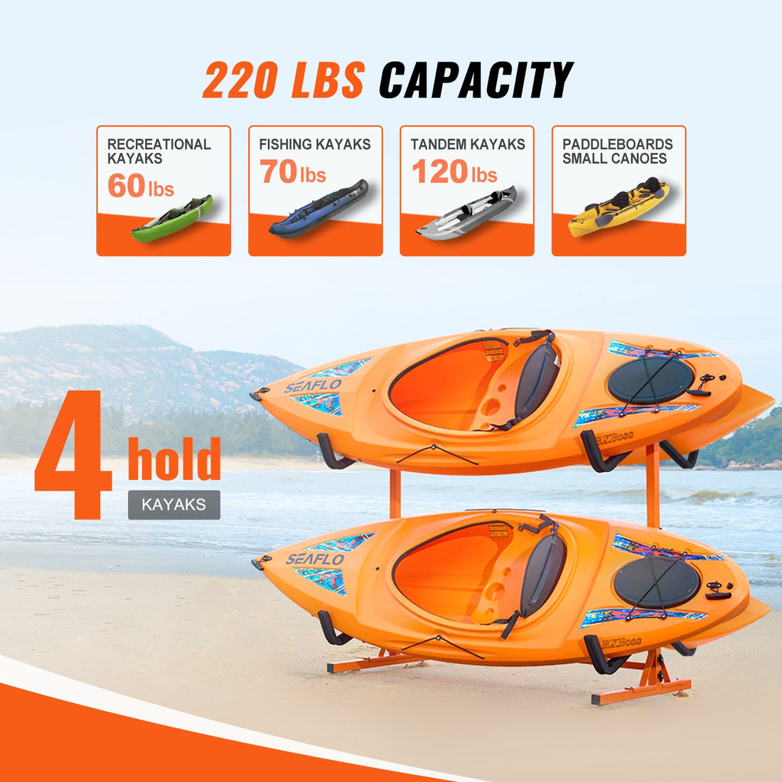 Freestanding Kayak Storage Rack, Kayak Stand For 4 Kayak Canoe Paddleboard, Heavy-duty Steel Kayak Hanger Holder With Padded Arms And Adjustable Width, 220LBS Max Load, For Indoor Outdoor Garage