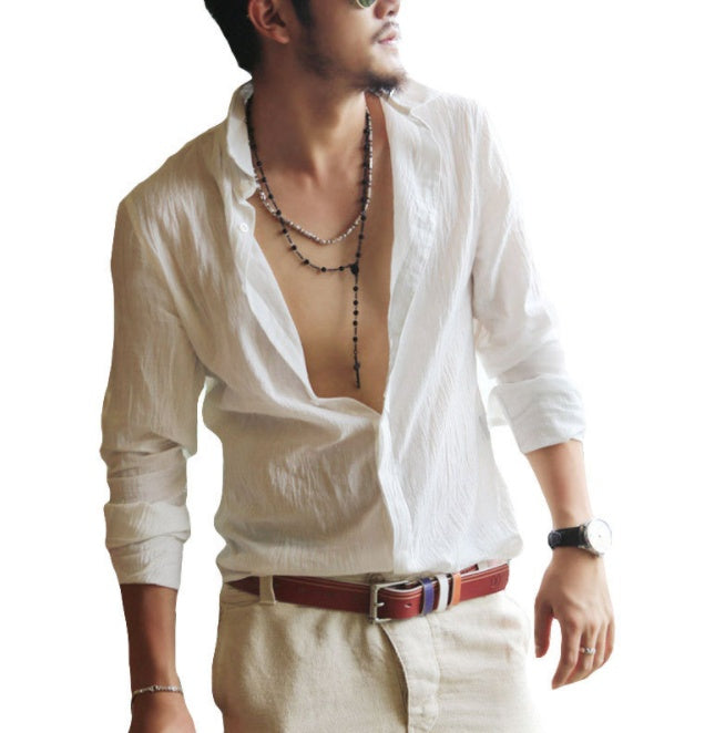 water wash linen cotton men's long sleeve shirt casual shirt