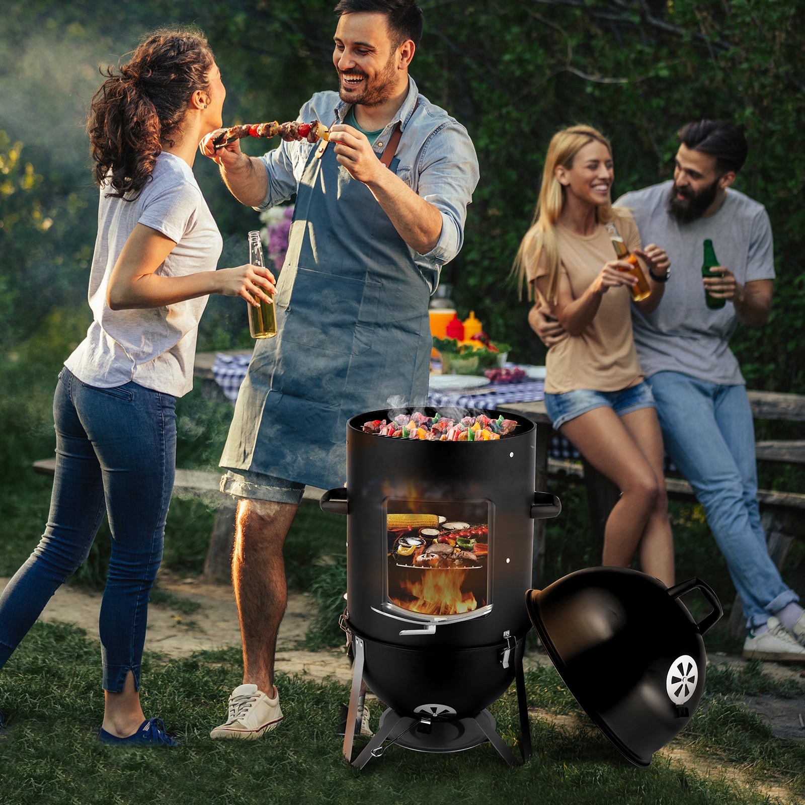 48x48x119cm Black 3-layer Oval Cylinder Smoker Iron Charcoal Grill
