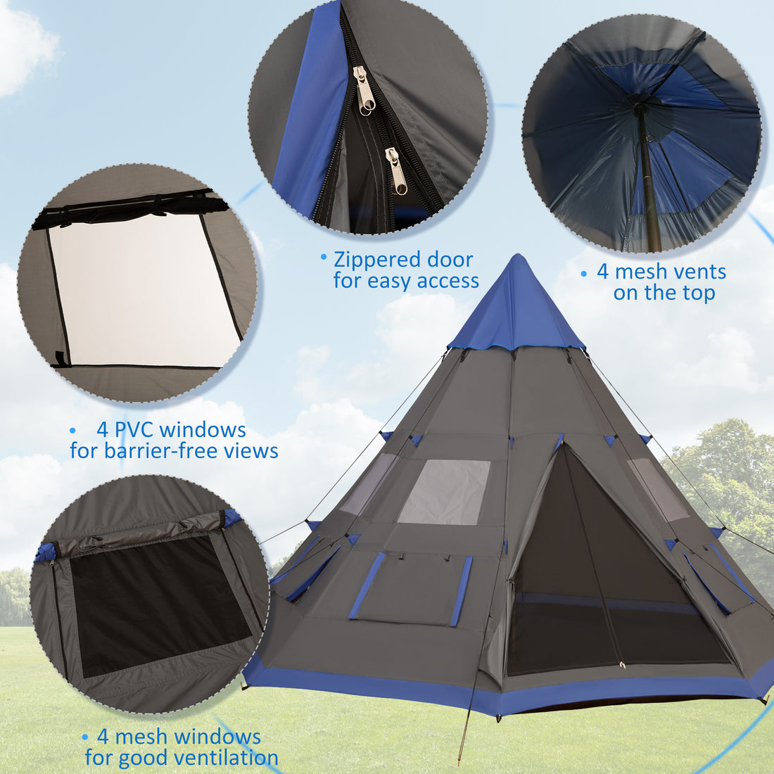 12Ft Camping Tent 6-7 Person 4 Season with 8 Mesh Windows, Outdoor Teepee Tent with Waterproof Material for Family and Friends Camping