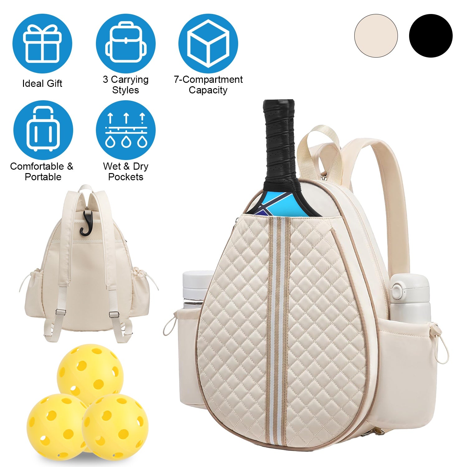2 Color Options -- Pickleball Sling Bag For Men Women Waterproof Badminton Tennis Backpack With Wet Pocket Hidden Fence Hook Machine Washable