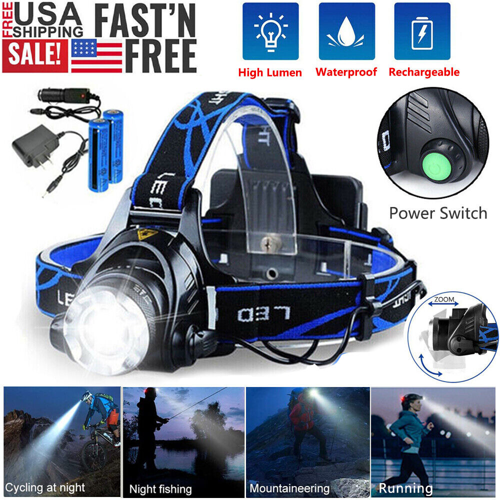 LED Headlamp Rechargeable Head Torch Zoom Headlight Lamp Super Bright Flashlight 3 Modes Work Light