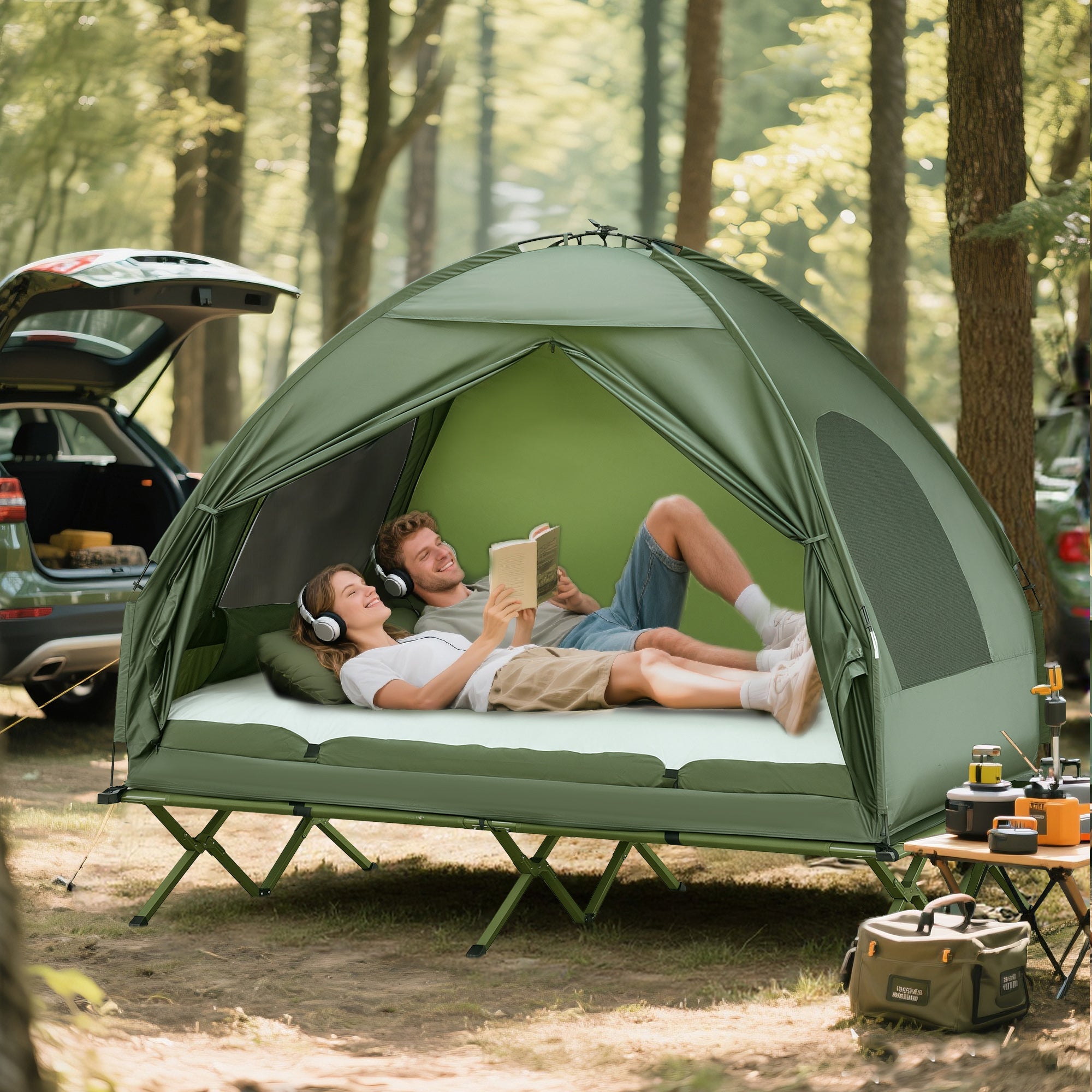 2-Person Tent Cot, 4-in-1 Elevated Camping Bed Combo with Air Mattress, Bed Cover, Foot Pump, Folding Off Ground Double Tent for Camping, Hiking, Backpacking