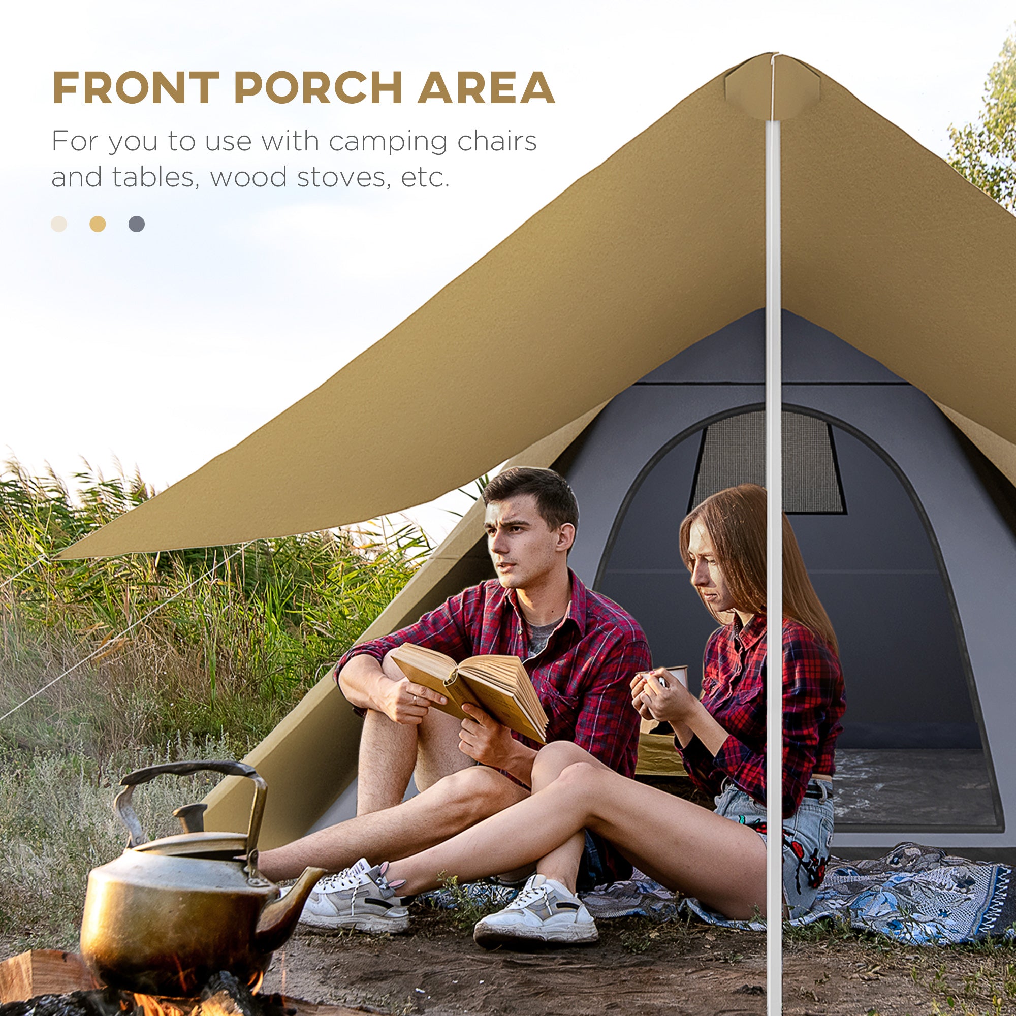 15.4'x15.4'x8.5' Teepee Tent, Waterproof Camping Tent with Porch Area, Floor and Carry Bag, for 2-3 Person Outdoor Backpacking Camping Hiking, Coffee