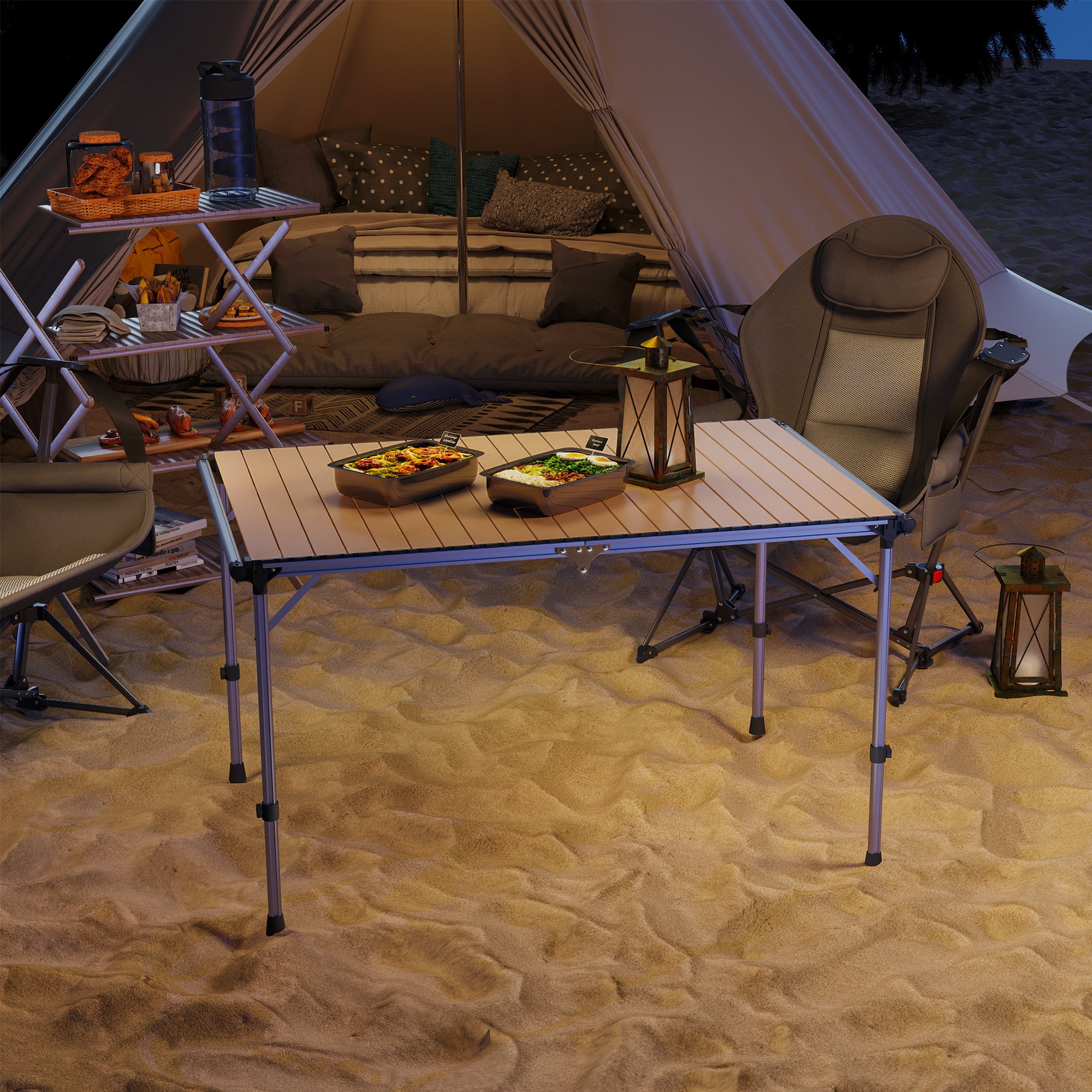 Folding Camping Table, Adjustable Height Aluminum Table, Portable Camping Table for Picnic, Beach, BBQ