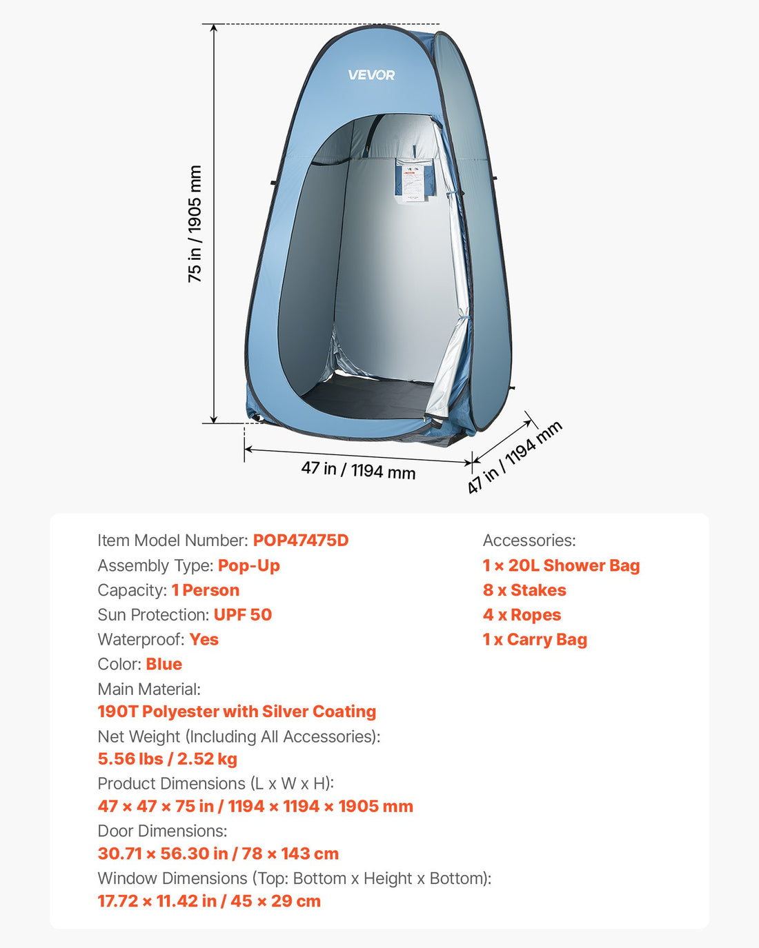 Pop Up Shower Tent, Instant Portable Privacy Tent Changing Room With Shower Bag, Ground Stakes, Ropes, Carry Bag, 190T Polyester With Silver Coating, Quick Setup, For Camping, Beach, Fishing