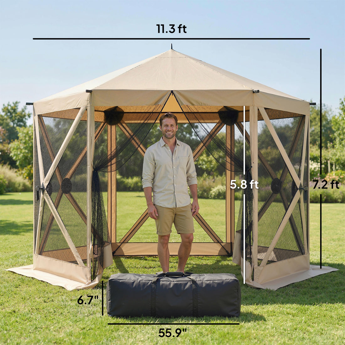 10 x 11 ft Pop Up Gazebo Screen Tent, Portable Instant Camping Canopy Screen House with Nettings, Carry Bag, Beige