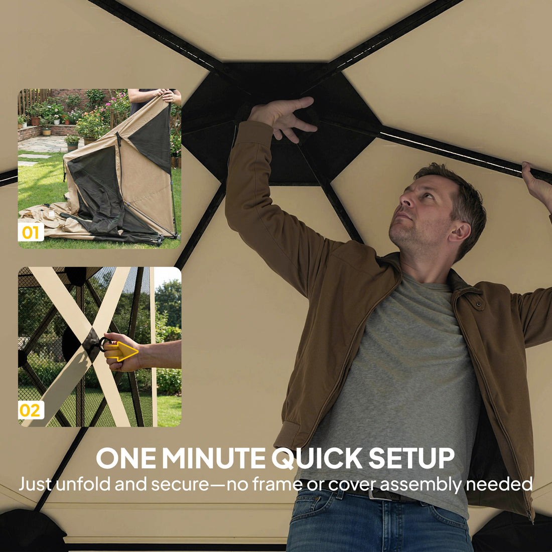 10 x 11 ft Pop Up Gazebo Screen Tent, Portable Instant Camping Canopy Screen House with Nettings, Carry Bag, Beige