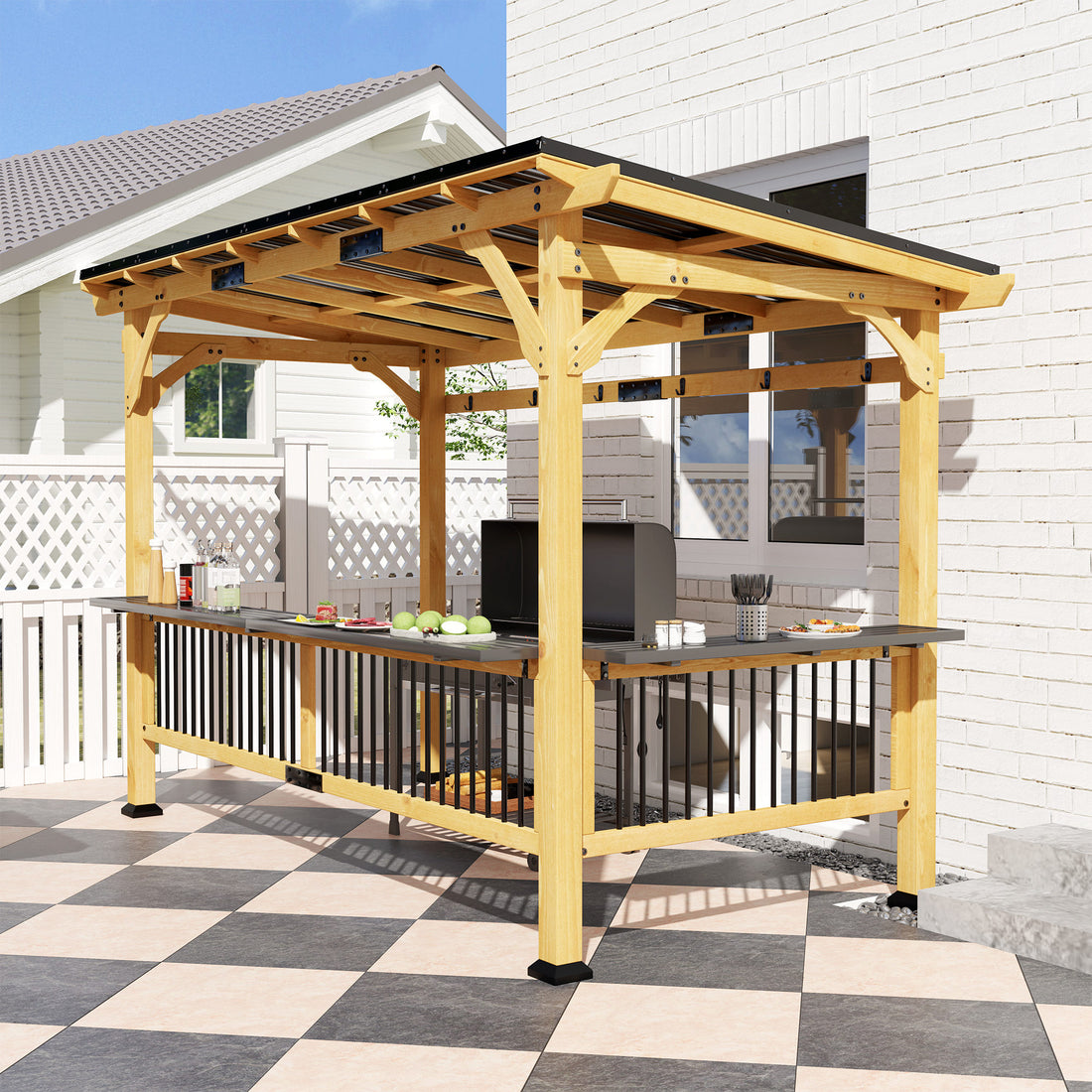 13' x 6' Wooden BBQ Grill Gazebo, Outdoor Hardtop Grill Gazebo with Metal Roof, 2 Bar Shelves and 6 Hooks, Natural