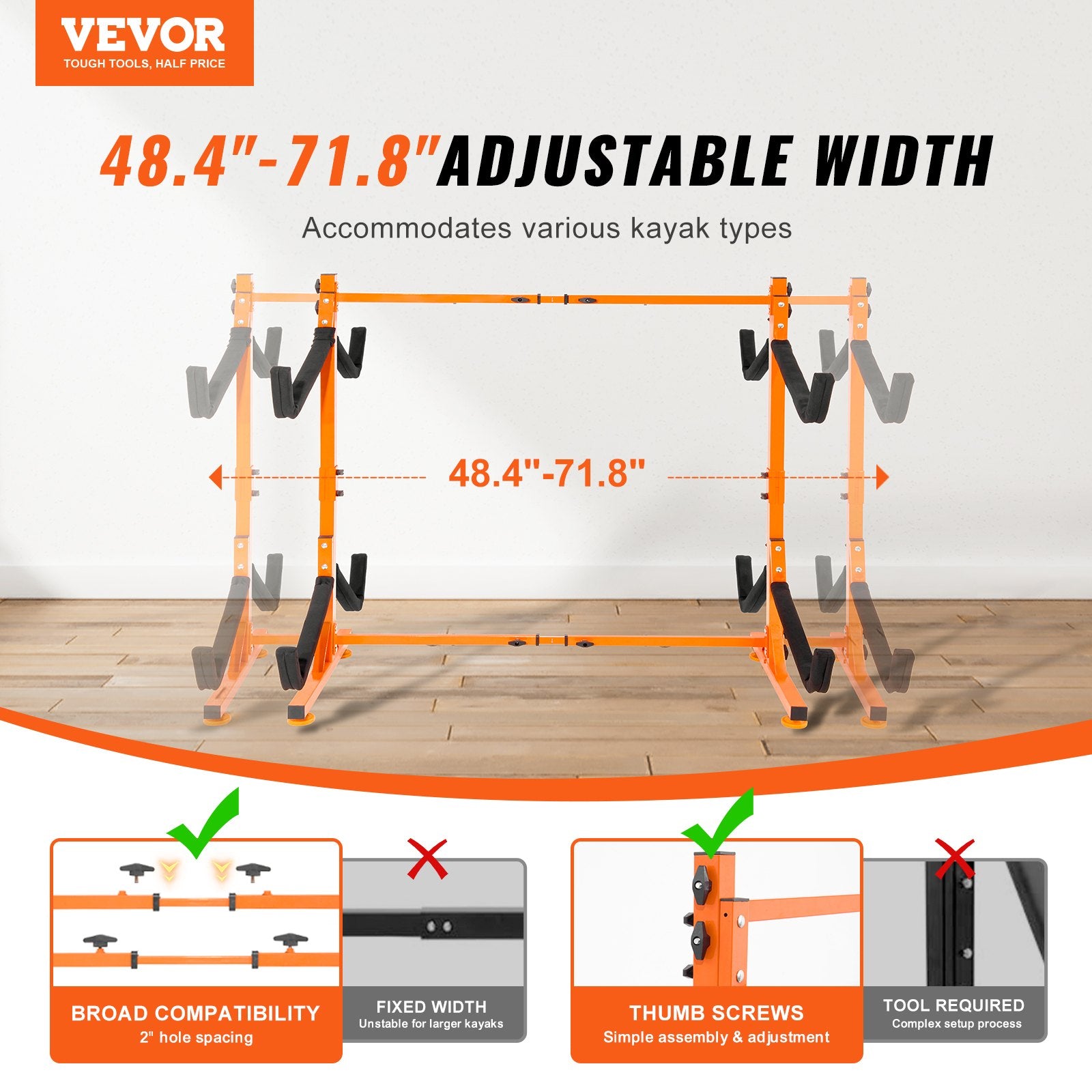 Freestanding Kayak Storage Rack, Kayak Stand For 4 Kayak Canoe Paddleboard, Heavy-duty Steel Kayak Hanger Holder With Padded Arms And Adjustable Width, 220LBS Max Load, For Indoor Outdoor Garage