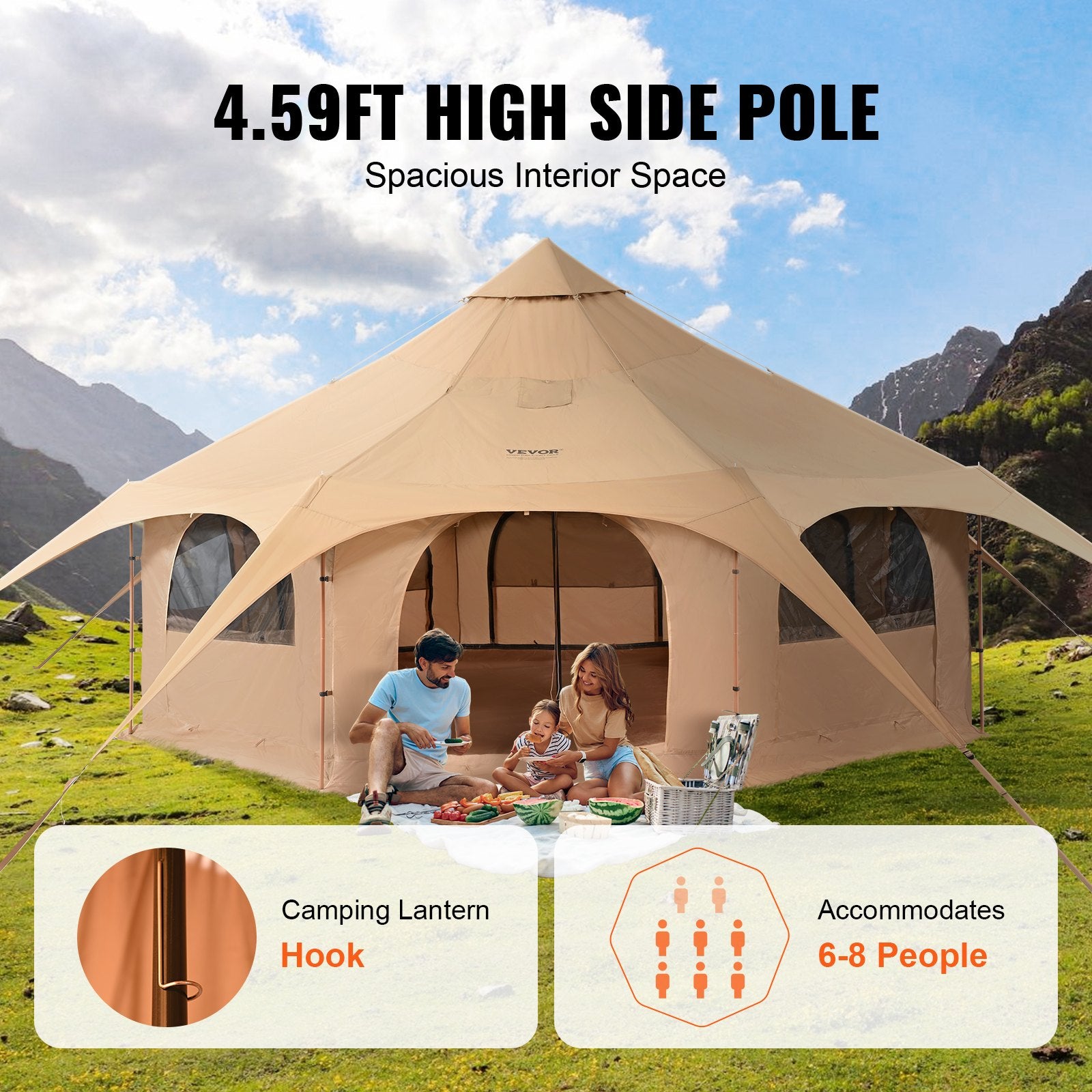 Canvas Tent, 4 Seasons 5 M/16.4 Ft Bell Tent, Canvas Tent For Camping With Stove Jack, Breathable Yurt Tent For Up To 8 People, Family Camping Outdoor Hunting Party