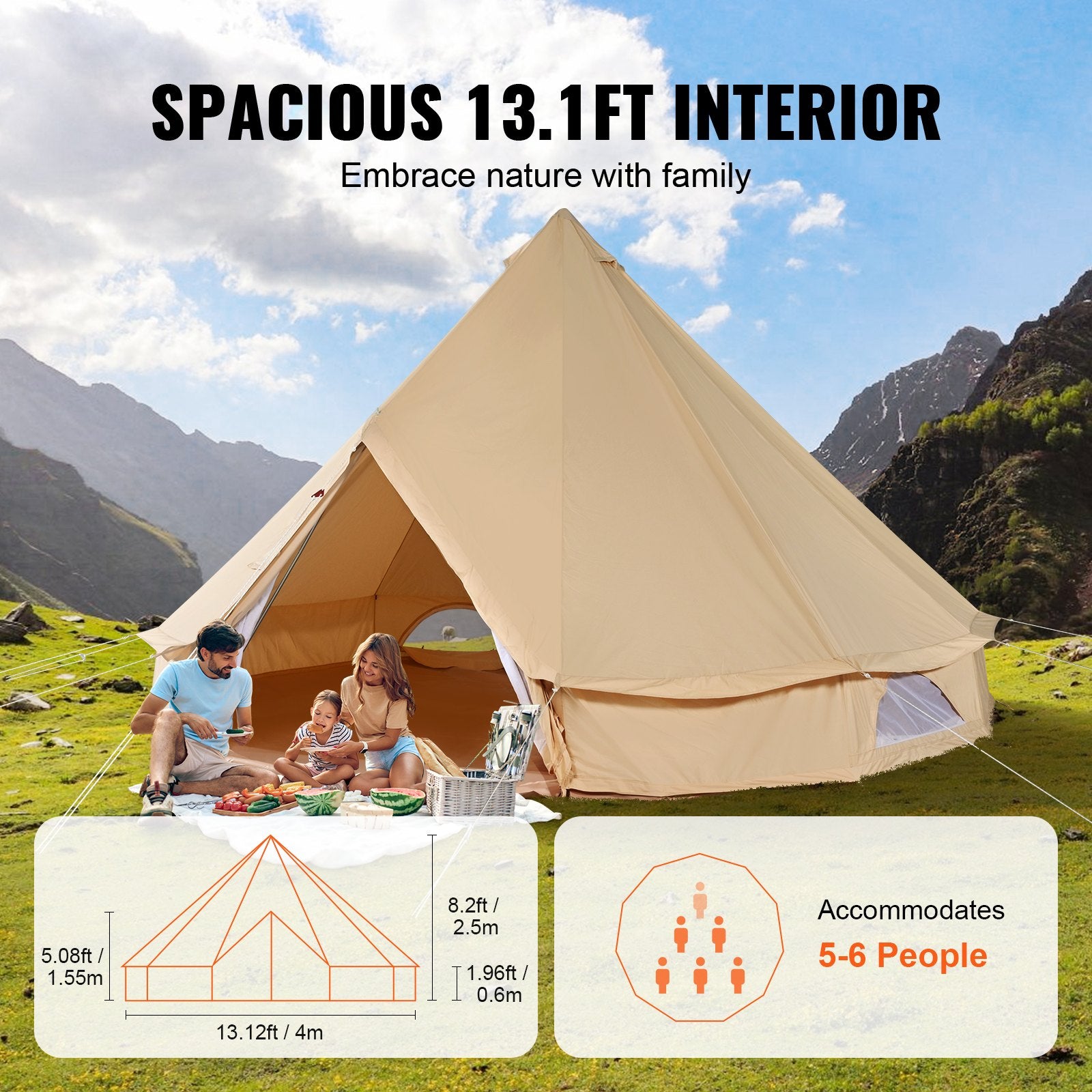 5-8 Person Canvas Glamping Bell Tent, Breathable Waterproof Yurt Tent With Stove Jack And Detachable Side Wall For Family Camping,13'x 13'x98"(Diameter 4M)