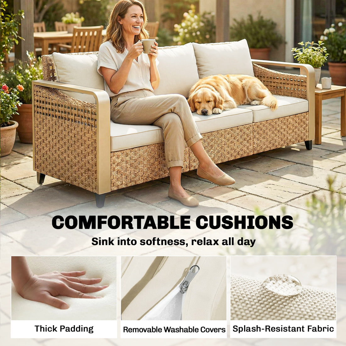 Rattan Wicker Sofa 3-Seater Outdoor Patio Sofa with Cushions for Garden Backyard Porch Beige