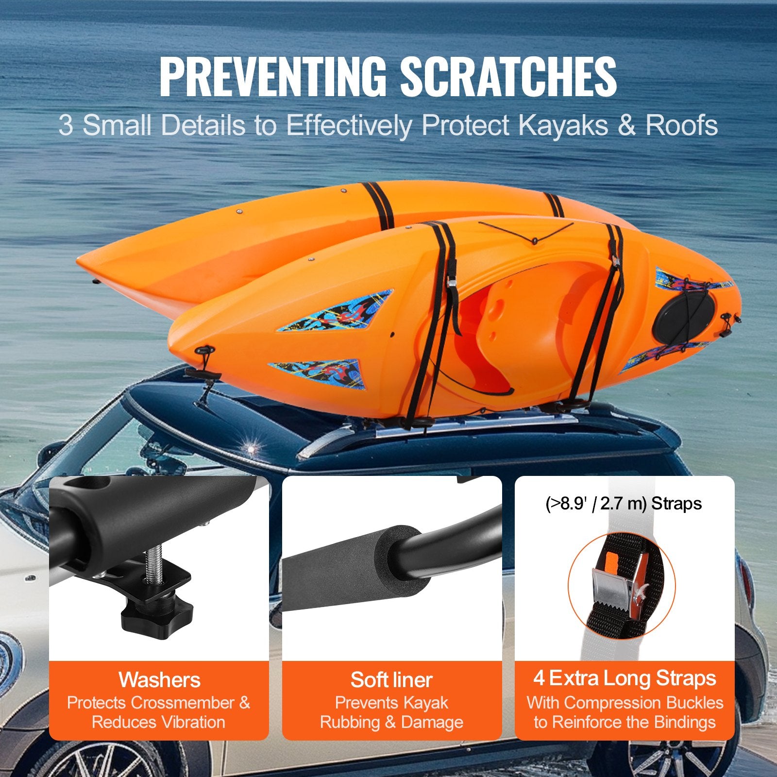 Kayak Roof Rack 1 Pair J-Bar, Soft Roof Rack, Top Mount Tie Down, Carrier For Kayak, Surf Board, Canoe, SUP, Ski Board, Mount On Car, SUV, Truck, 2 Kayaks