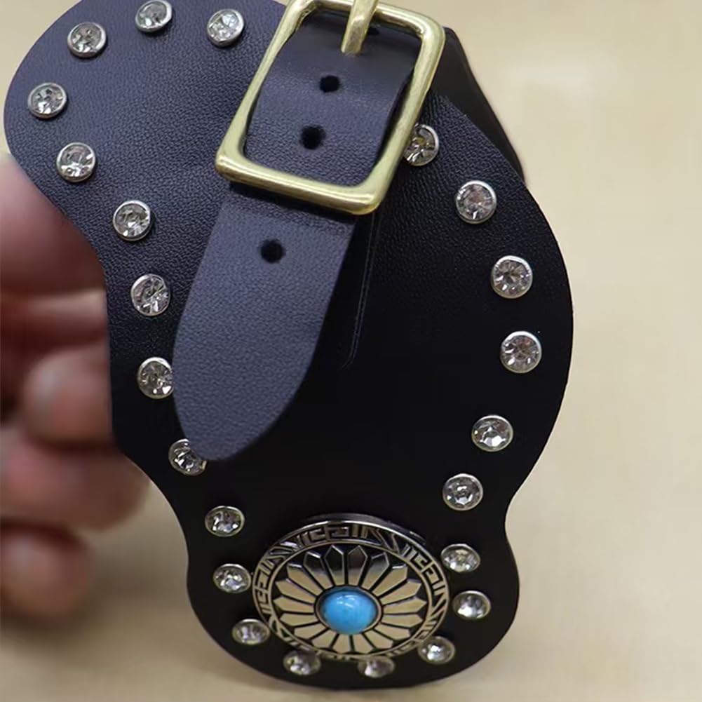 Pair Spur Strap, Western Retro Horse Spur Strap With Buckle, Genuine Cow Leather Material For Horse Training, Decorative Rhinestones Inlaid Surface, Metal Buckle For Easy Adjustment,