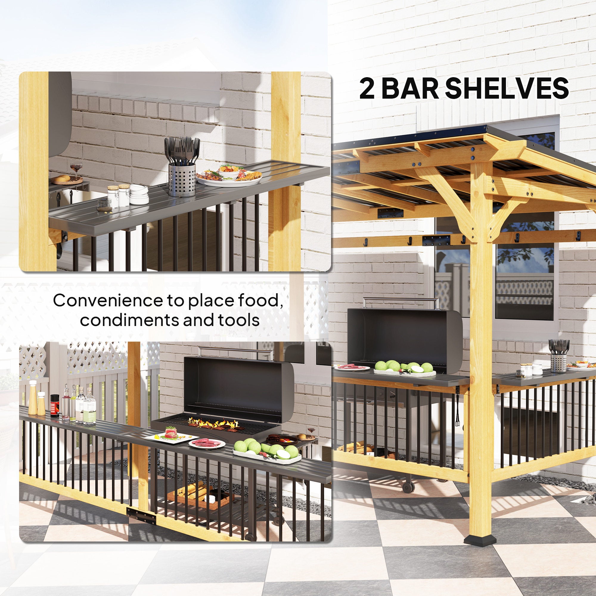 13' x 6' Wooden BBQ Grill Gazebo, Outdoor Hardtop Grill Gazebo with Metal Roof, 2 Bar Shelves and 6 Hooks, Natural