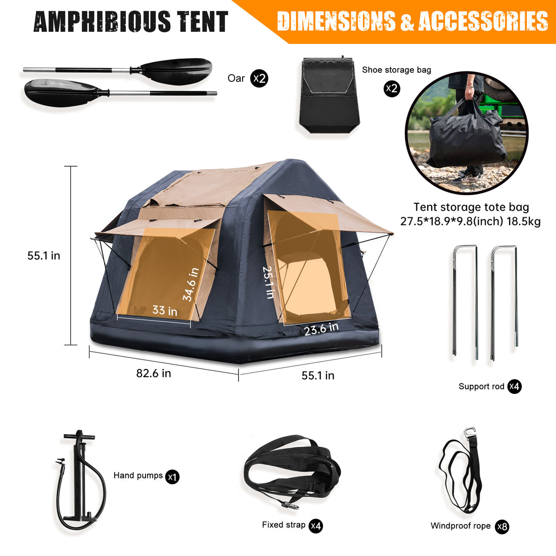 Foldable 2-3 People Amphibious Inflatable Car Roof Top Tent For Camping Outdoor Glamping Camping Tent For SUV, Truck - Without Ladder, Two-tone Style, Khaki & Black