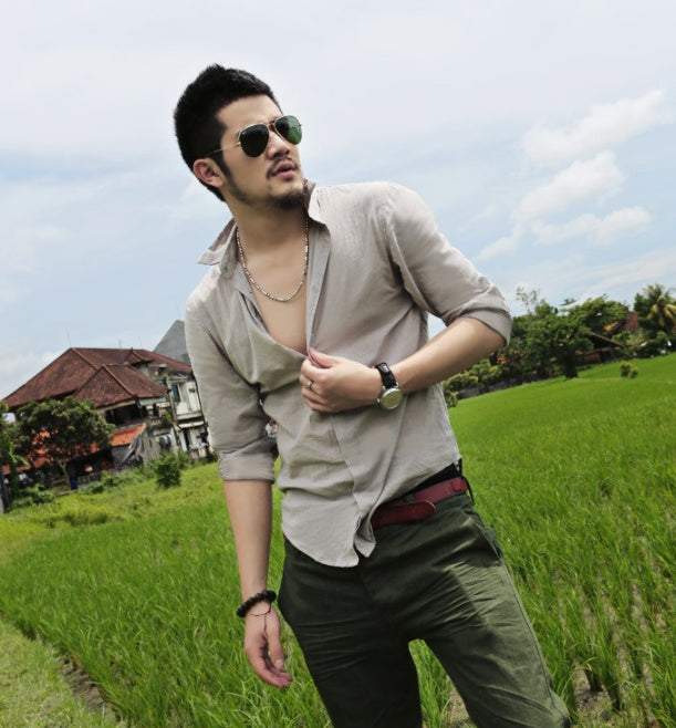 water wash linen cotton men's long sleeve shirt casual shirt