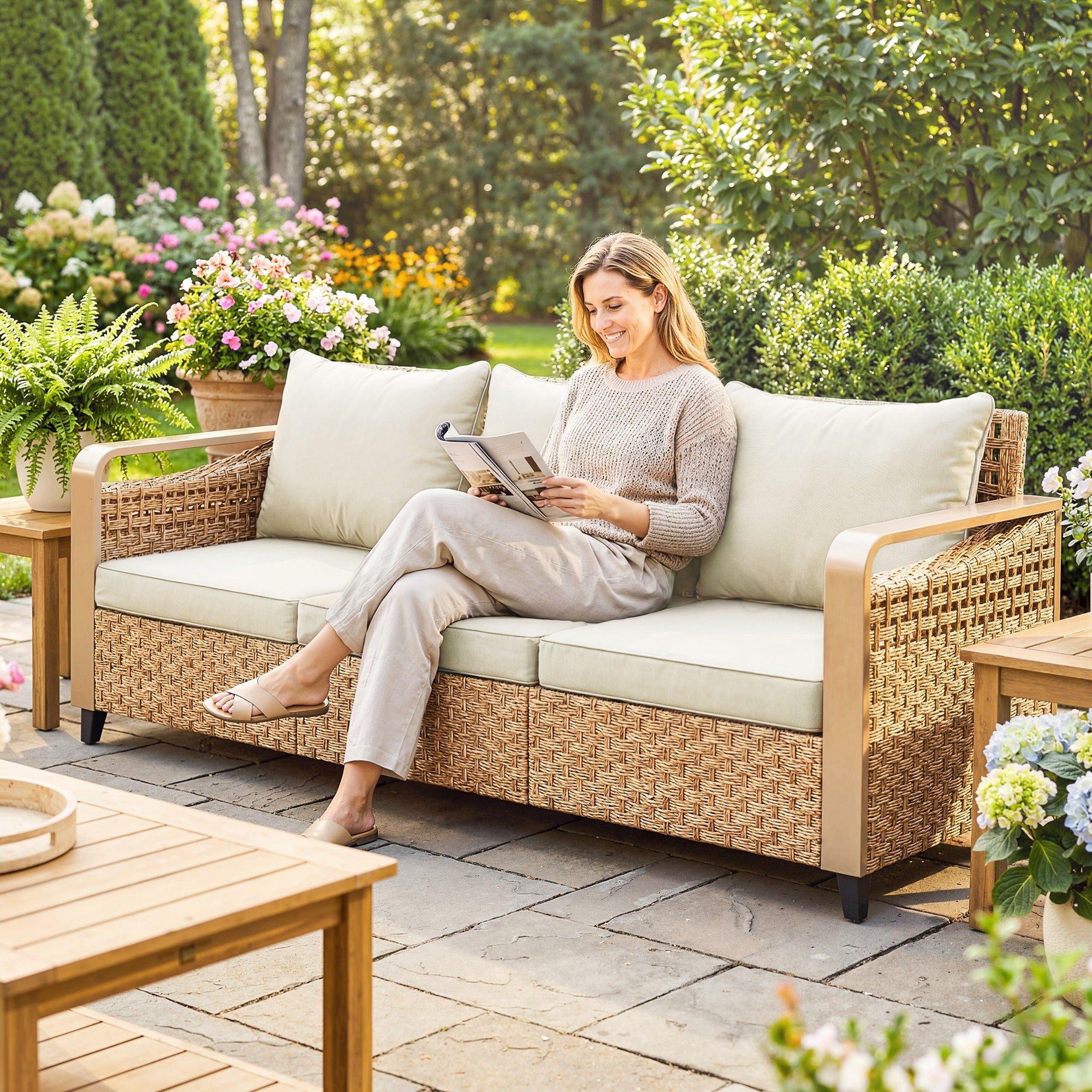 Rattan Wicker Sofa 3-Seater Outdoor Patio Sofa with Cushions for Garden Backyard Porch Beige