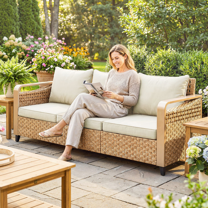 Rattan Wicker Sofa 3-Seater Outdoor Patio Sofa with Cushions for Garden Backyard Porch Beige