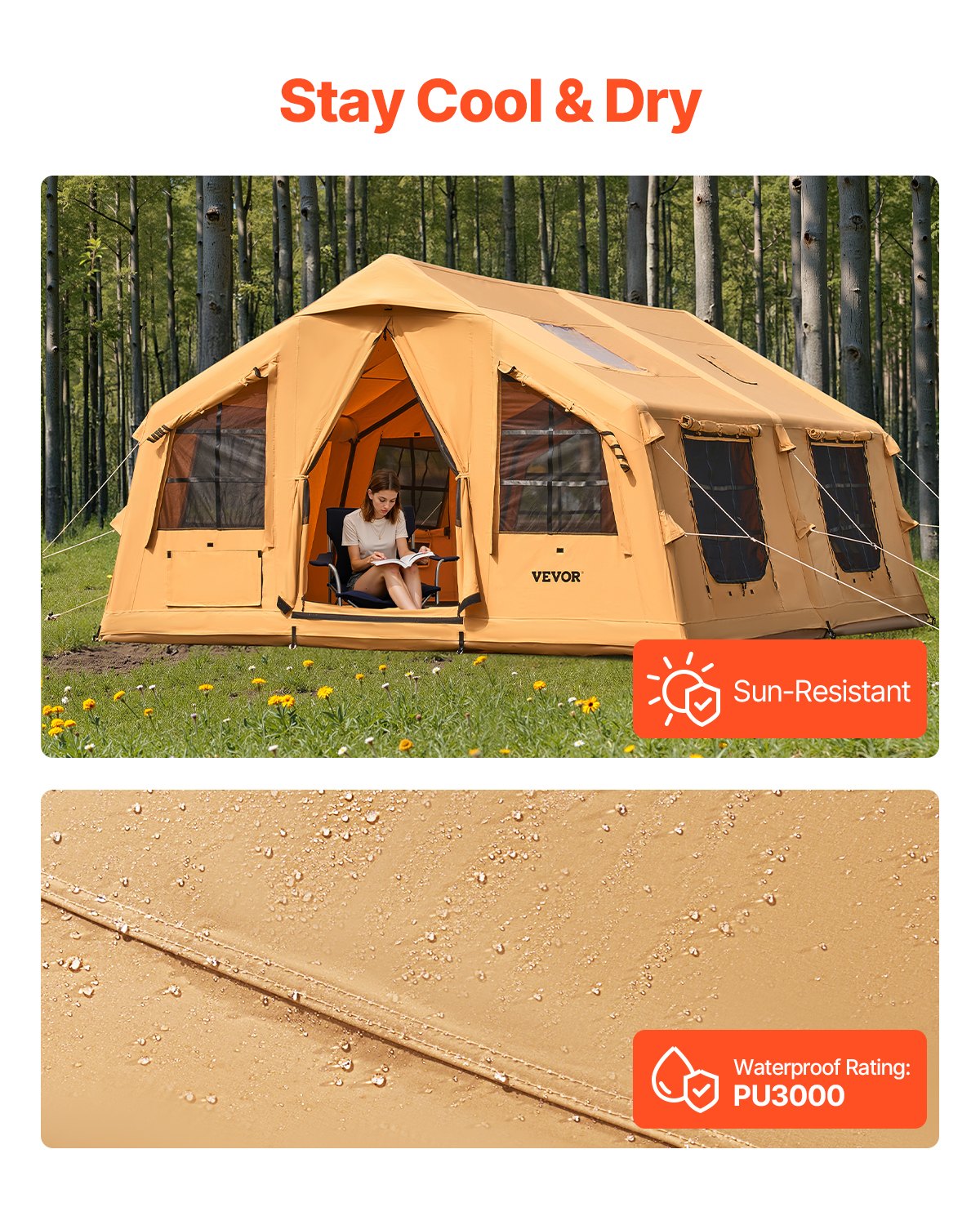 Inflatable Tents For Camping, 8-12 Person Easy Setup Blow Up Tent With Hand Pump, 4 Season Luxury Glamping Tent With 2 Skylights, Canopy, Stove Jack, 2 Doors & Mesh Windows, Include Storage Bag