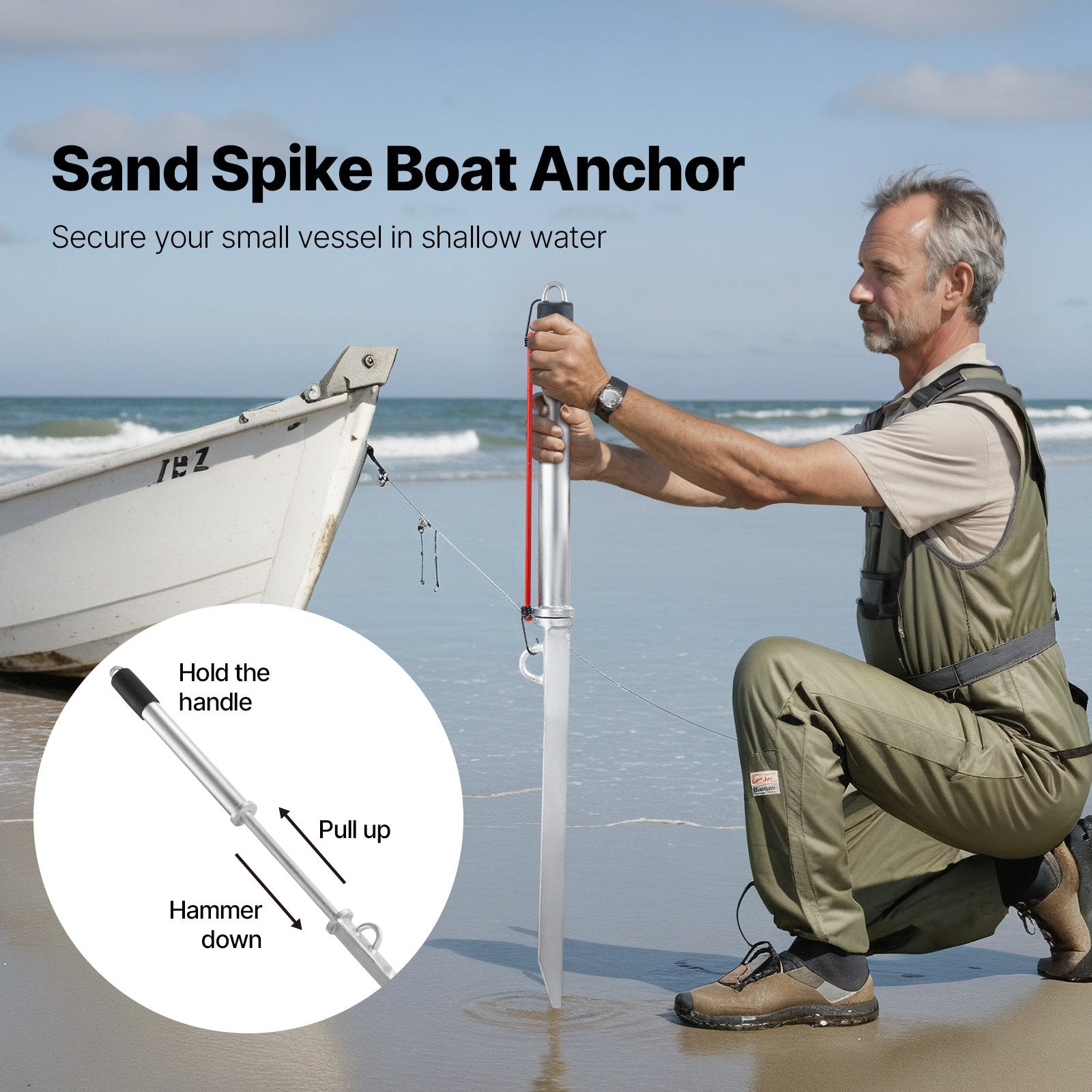 Sand Spike Boat Anchor, 36 In Slide Anchor Shore Spike, Galvanized Carbon Steel Boat Shore Anchors, Shallow Water Beach Anchors, For Securing Jet Ski PWC Pontoon Kayak On Beaches & Sandbars