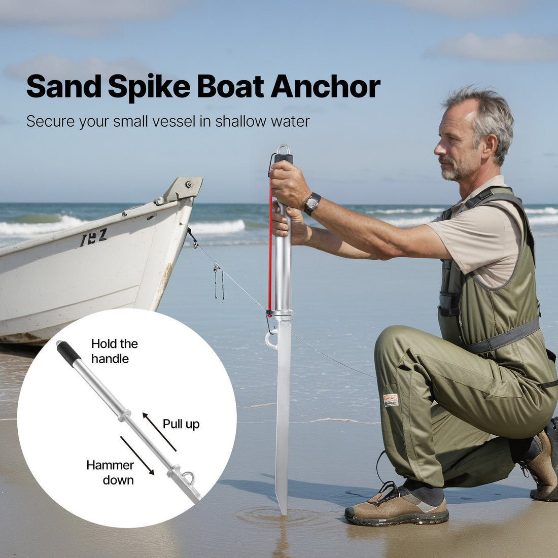 Sand Spike Boat Anchor, 36 In Slide Anchor Shore Spike, Galvanized Carbon Steel Boat Shore Anchors, Shallow Water Beach Anchors, For Securing Jet Ski PWC Pontoon Kayak On Beaches & Sandbars