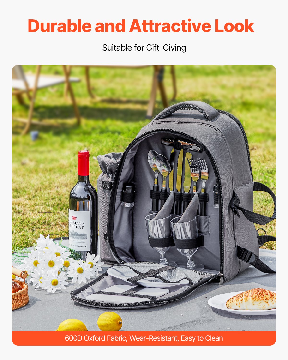Beach Picnic Backpack Bag For 2 Person With Cooler Compartment Grey