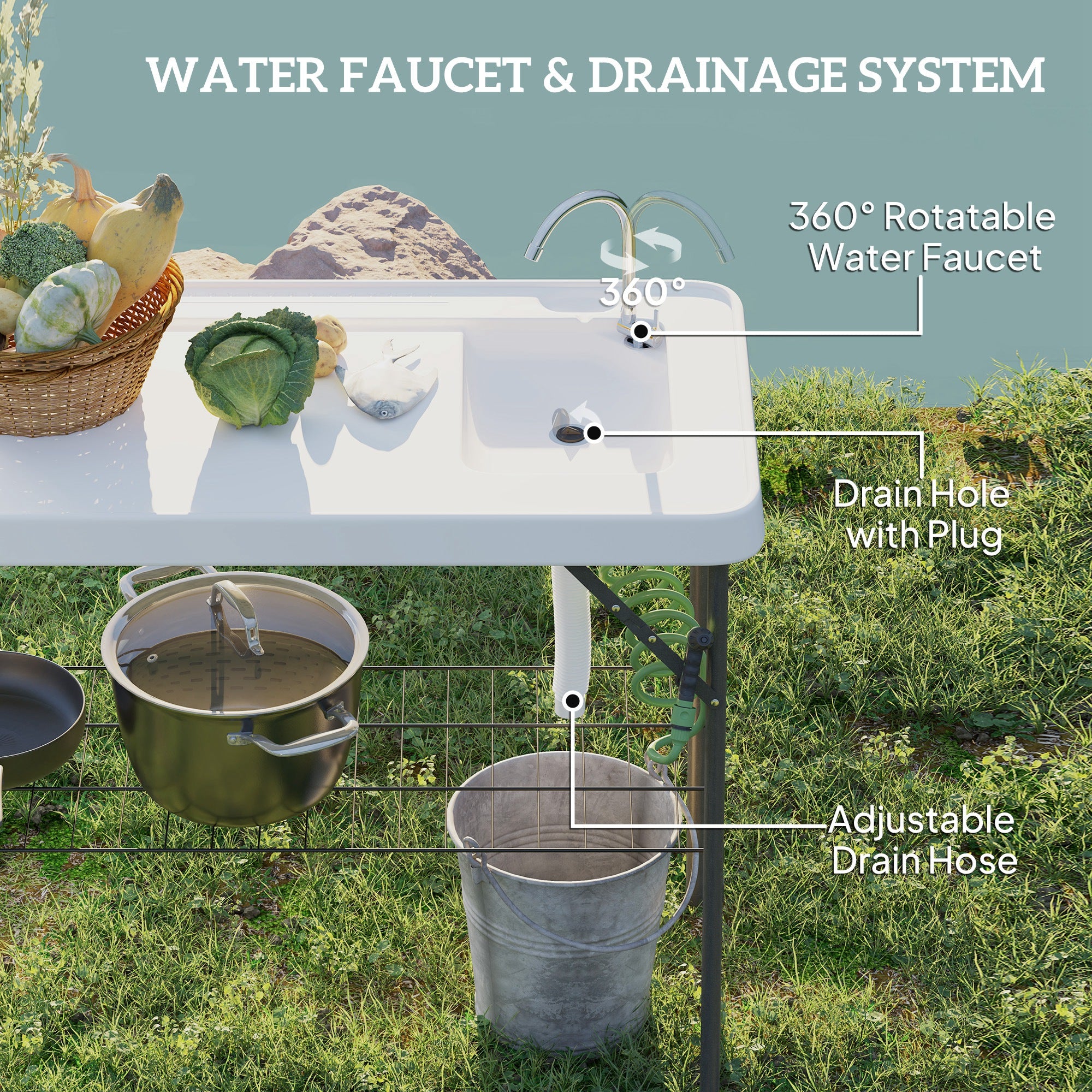 Folding Fish Cleaning Table With Sink, Portable Camping Table With Faucet, Drainage Hose, Sprayer And Shelf, White