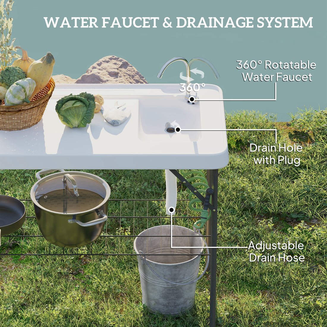Folding Fish Cleaning Table With Sink, Portable Camping Table With Faucet, Drainage Hose, Sprayer And Shelf, White