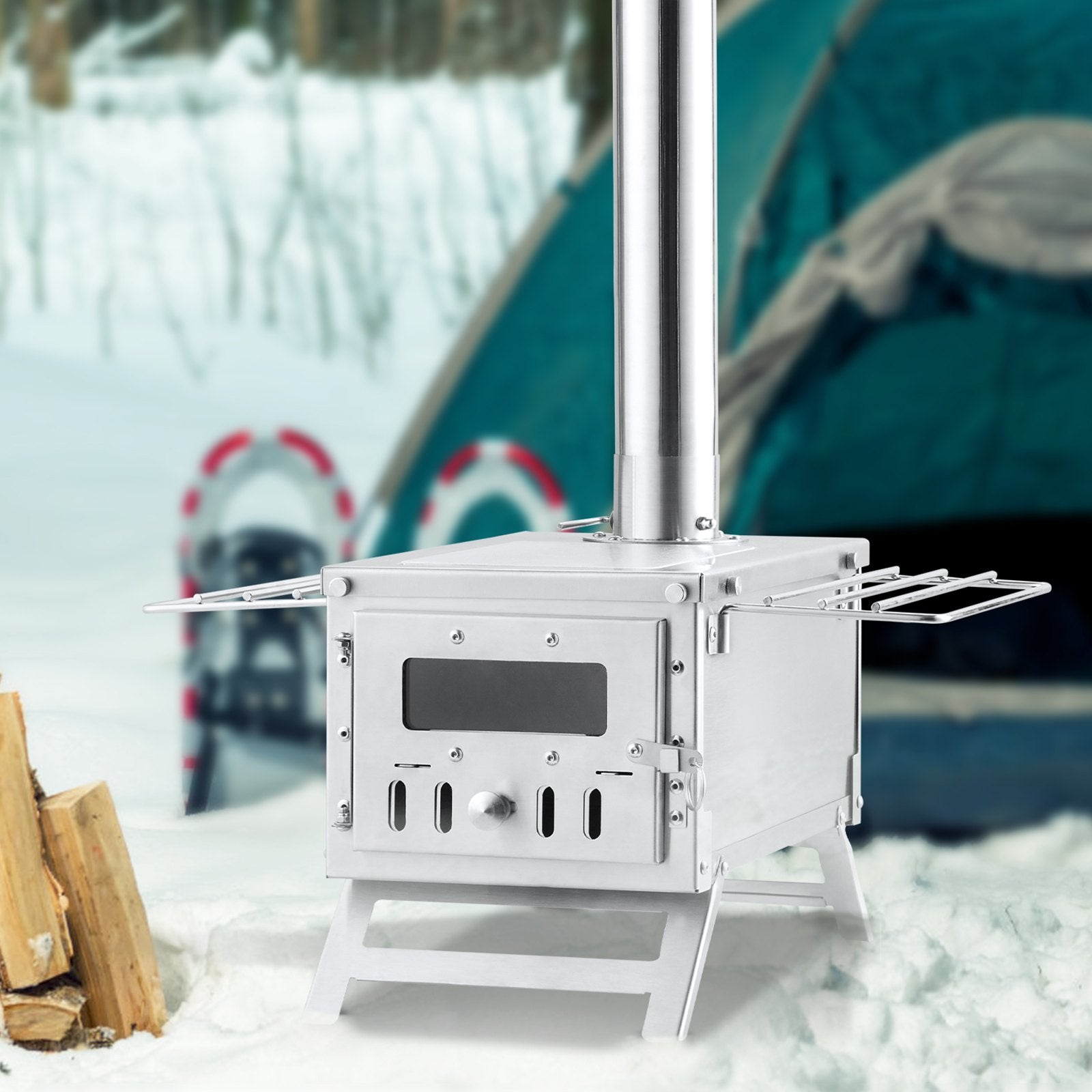 Wood Stove, 80 Inch, Stainless Steel Camping Tent Stove, Portable Wood Burning Stove With Chimney Pipes & Gloves, 700in³Firebox Hot Tent Stove For Outdoor Cooking And Heating With 8 Pipes