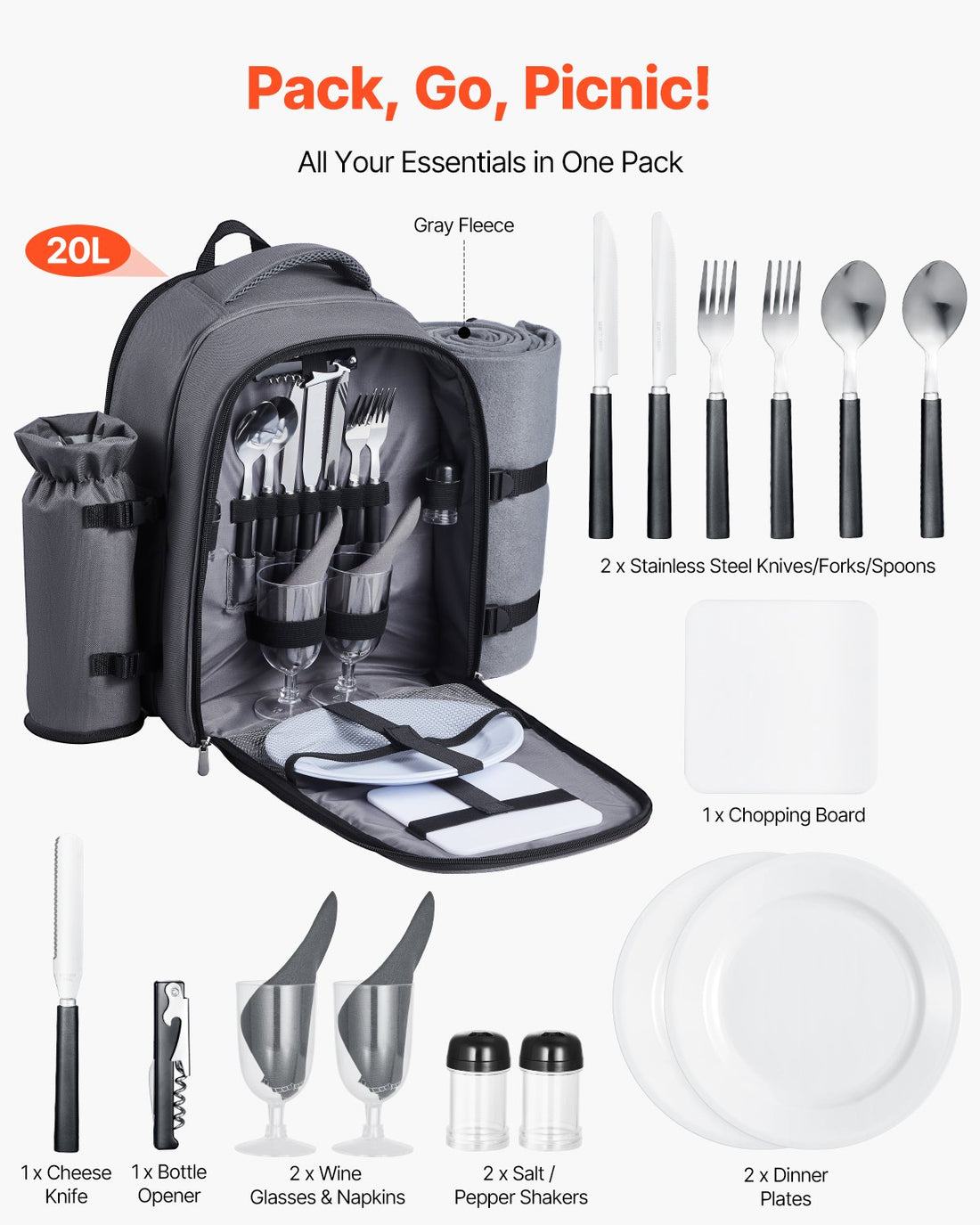 Beach Picnic Backpack Bag For 2 Person With Cooler Compartment Grey