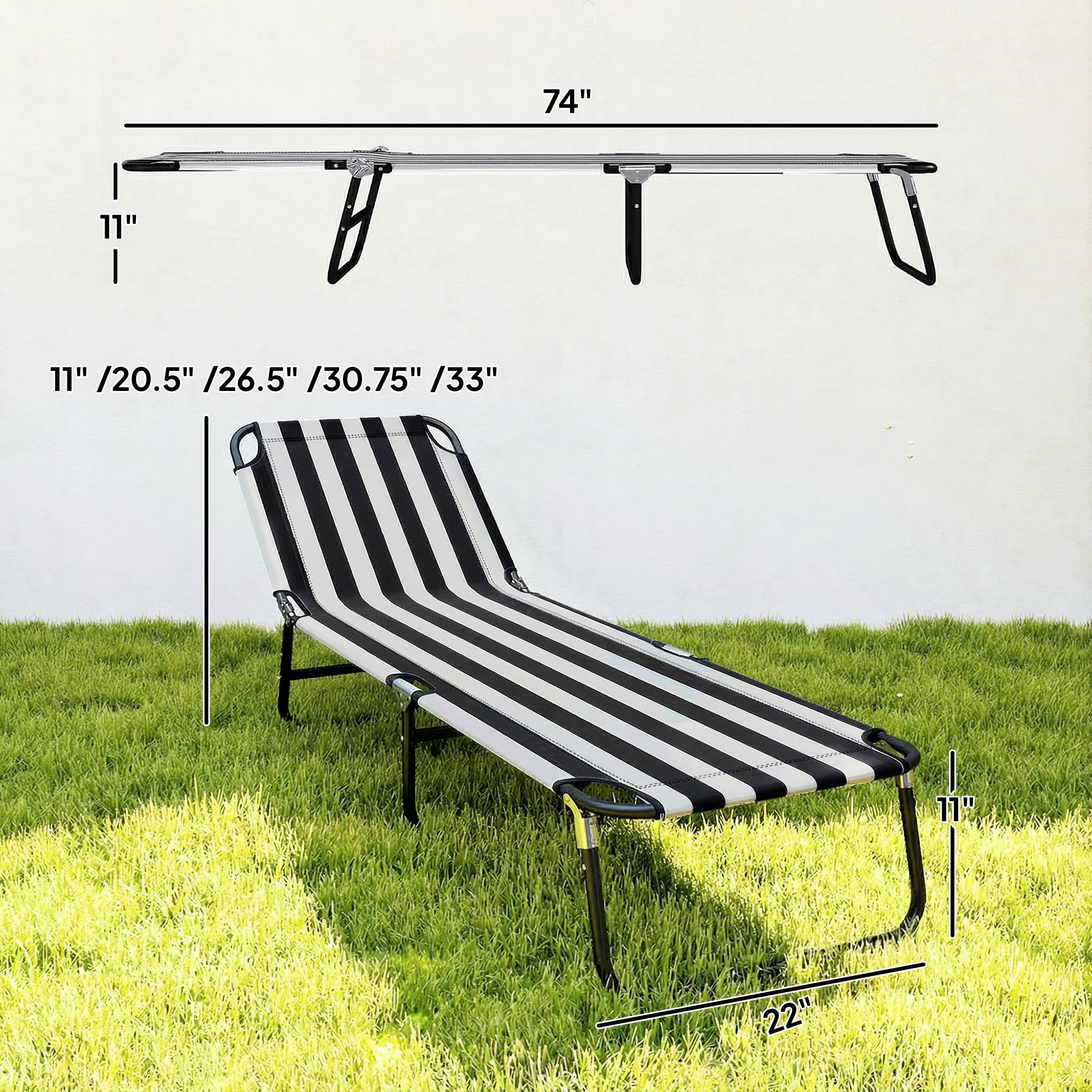 Portable Folding Adjustable Sun Beach Lounger / Camping Cot - Black and White