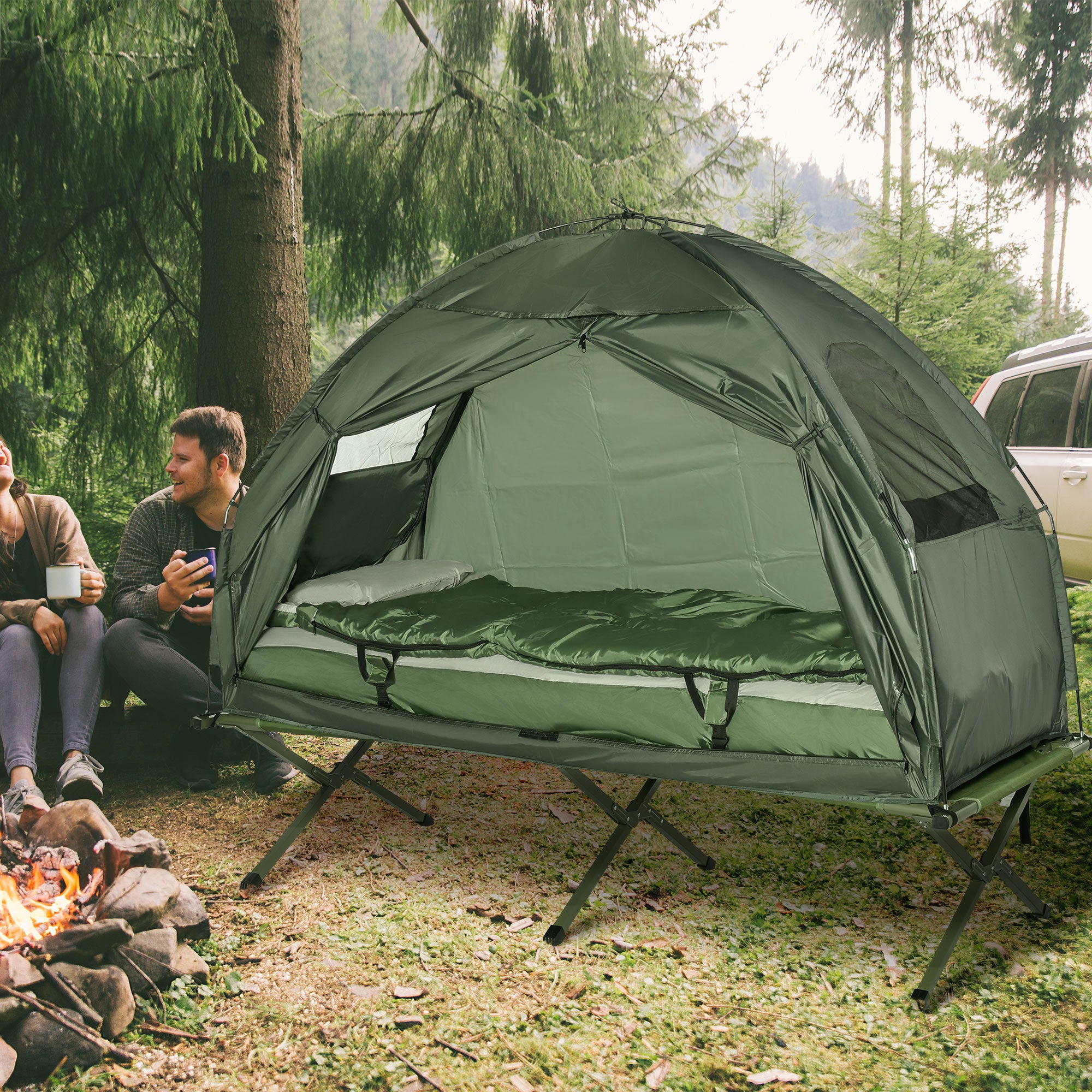 All-in-One Folding Camping Cots for Adults, Elevated Tent with Sleeping Bag, Thick Air Mattress Pad, Portable Single Sleeping Cot Camping Bed