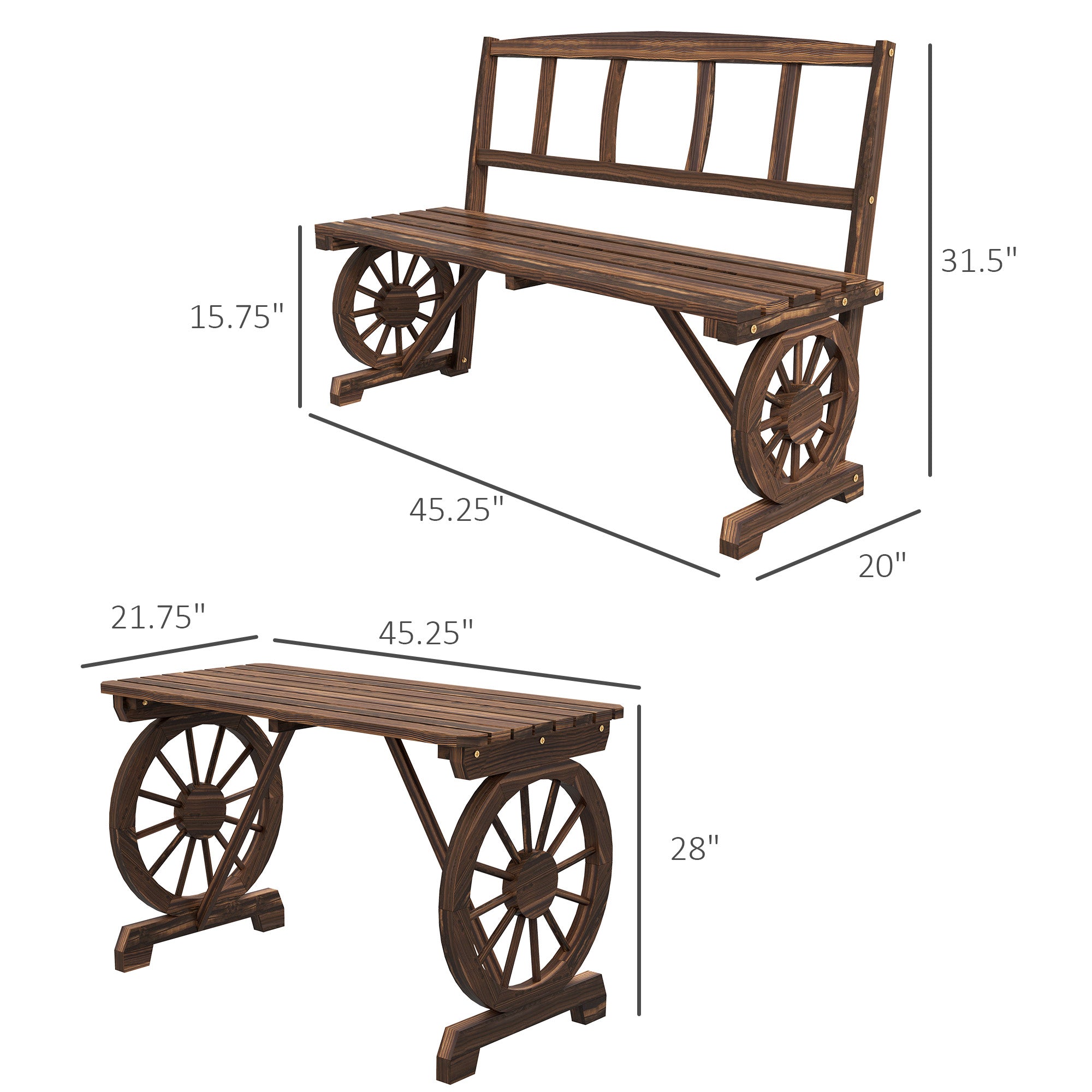 Patio Table and Chairs for 4 People, Wagon Wheel Design, Outdoor Furniture Set for Backyard, Garden, Carbonized