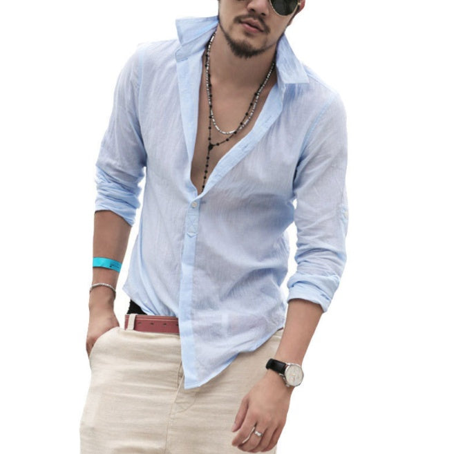water wash linen cotton men's long sleeve shirt casual shirt