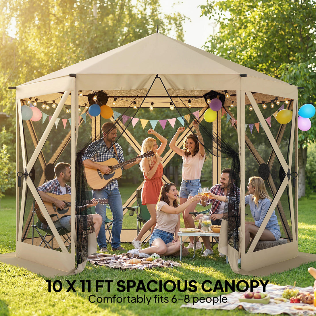 10 x 11 ft Pop Up Gazebo Screen Tent, Portable Instant Camping Canopy Screen House with Nettings, Carry Bag, Beige