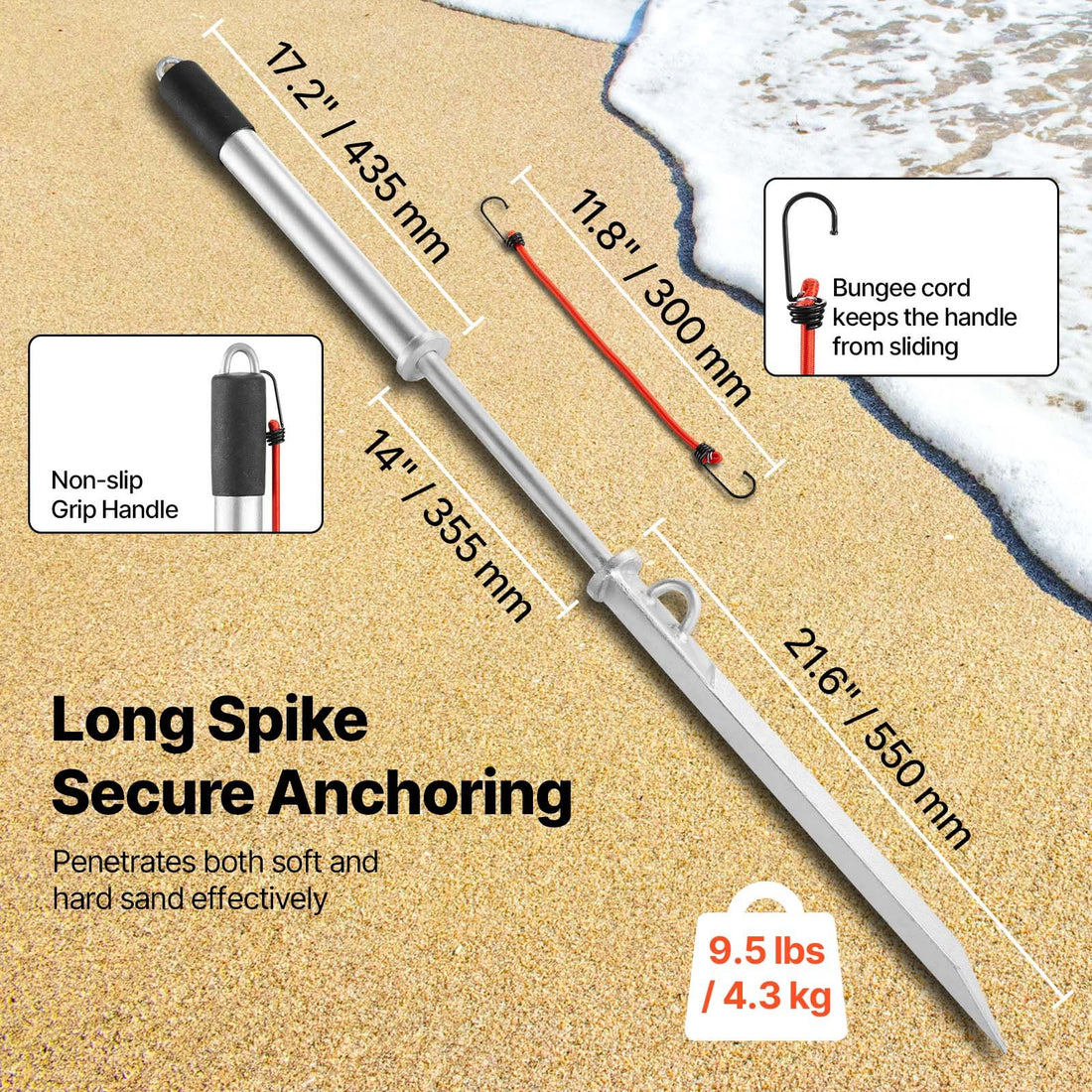 Sand Spike Boat Anchor, 36 In Slide Anchor Shore Spike, Galvanized Carbon Steel Boat Shore Anchors, Shallow Water Beach Anchors, For Securing Jet Ski PWC Pontoon Kayak On Beaches & Sandbars