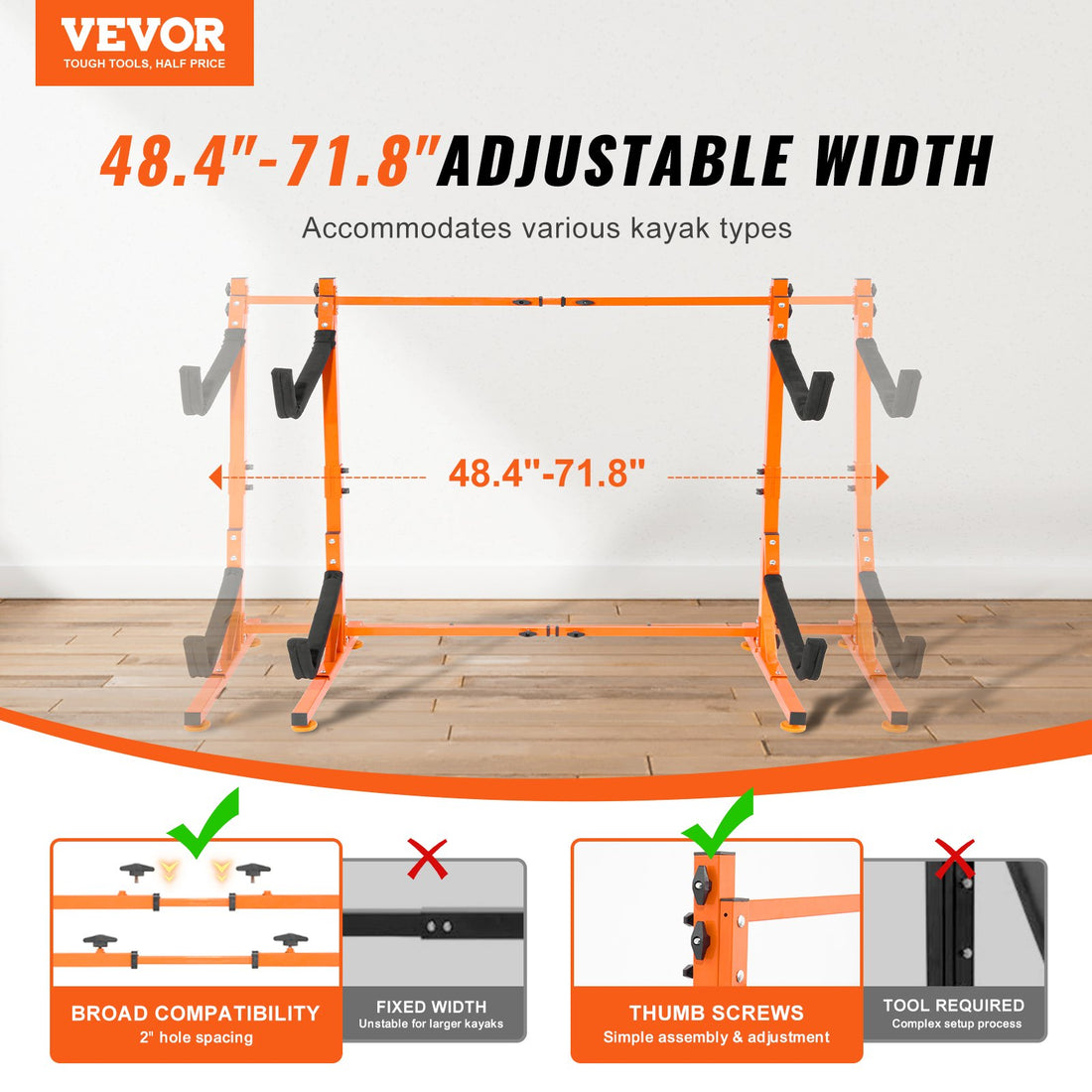 Freestanding Kayak Storage Rack, Kayak Stand For 2 Kayak Canoe Paddleboard, Heavy-duty Steel Kayak Hanger Holder With Padded Arms And Adjustable Width, 175LBS Max Load, For Indoor Outdoor Garage