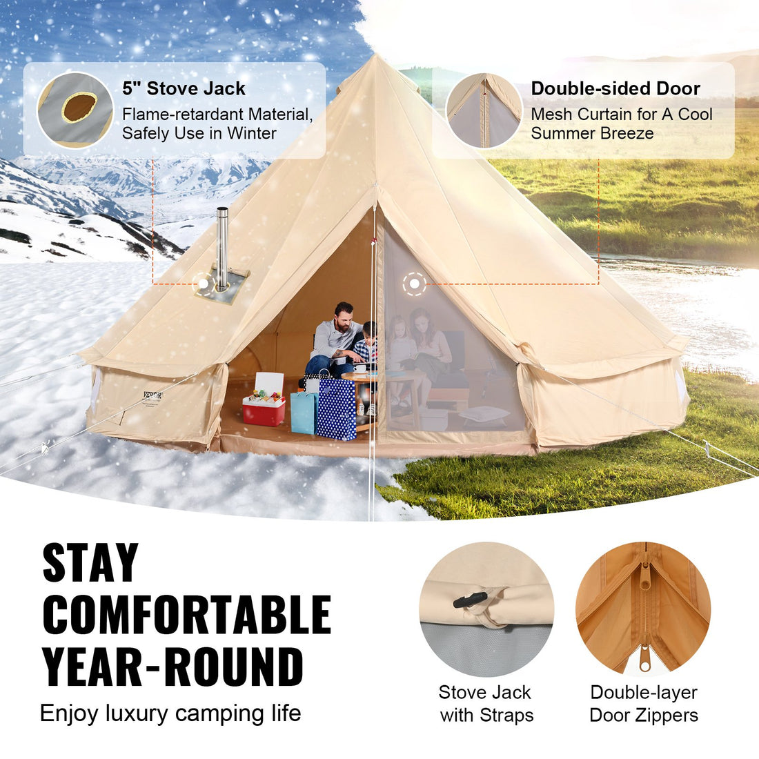 5-8 Person Canvas Glamping Bell Tent, Breathable Waterproof Yurt Tent With Stove Jack And Detachable Side Wall For Family Camping,13'x 13'x98"(Diameter 4M)